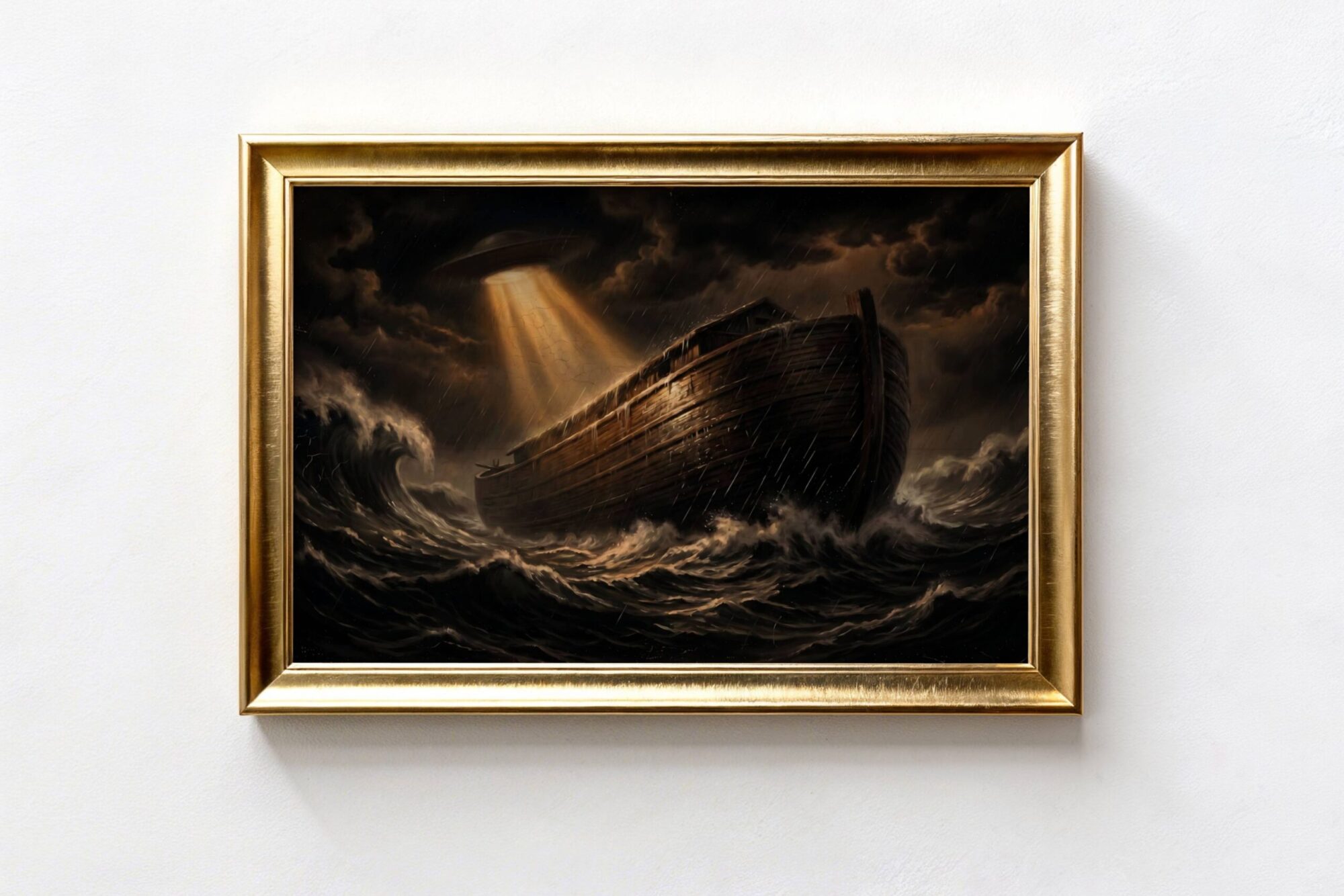 Premium dramatic dark oil-style painting of Noah's Ark battling enormous crashing waves in a raging biblical storm, a UFO cutting through dark churning clouds above and beaming golden light down onto the ancient timber hull — deeply powerful and thought-provoking dark sci-fi wall art – unframed dark biblical alien art poster, ufoposter.com