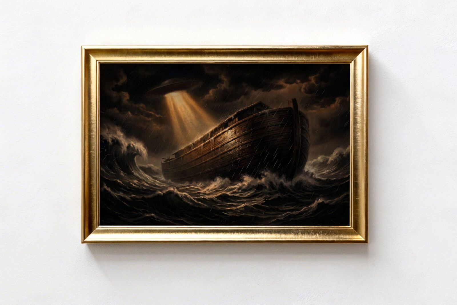 Premium dramatic dark oil-style painting of Noah's Ark battling enormous crashing waves in a raging biblical storm, a UFO cutting through dark churning clouds above and beaming golden light down onto the ancient timber hull — deeply powerful and thought-provoking dark sci-fi wall art – unframed dark biblical alien art poster, ufoposter.com