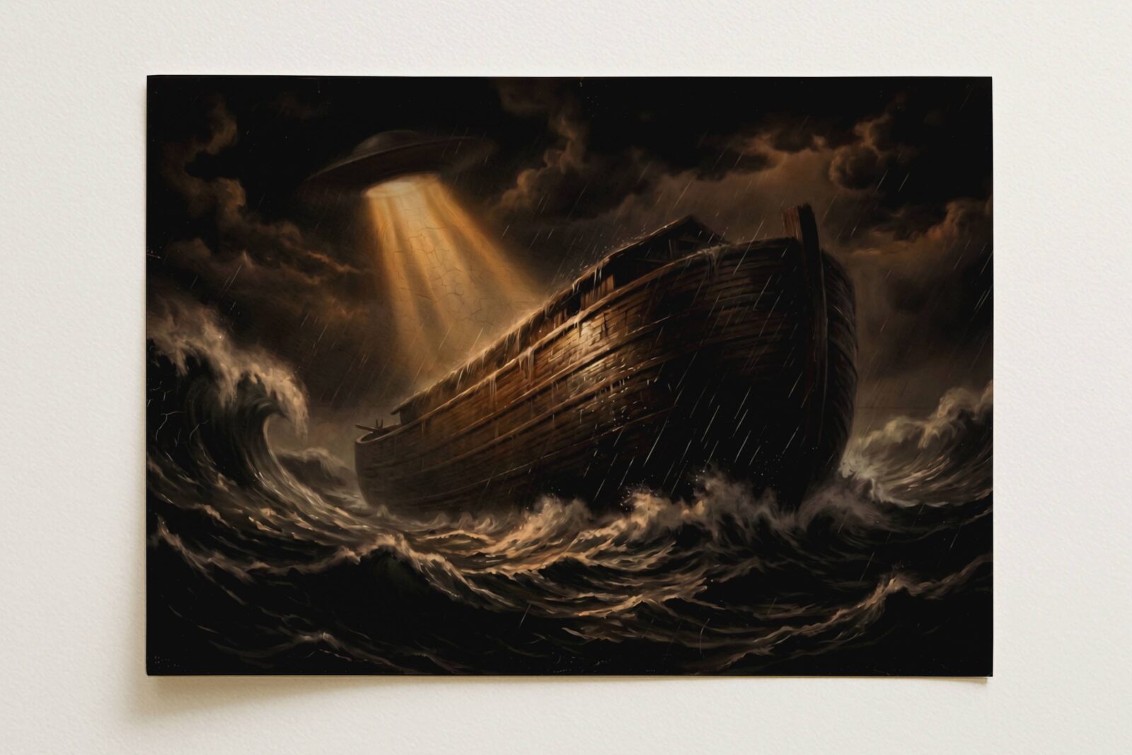 Flat print dramatic dark oil-style painting of Noah's Ark in a raging biblical storm with a UFO hovering above in dark churning clouds, golden beam of light pouring down onto the ancient wooden vessel as enormous waves crash around it — high quality unframed flat poster print, ufoposter.com