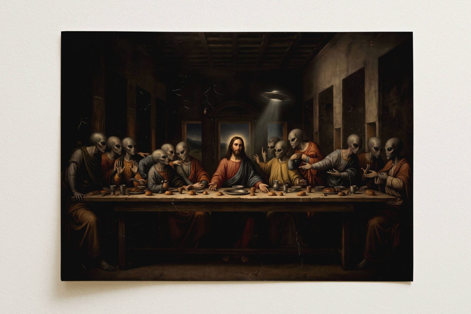 Flat print dramatic dark oil-style painting of Christ at the centre of the Last Supper table surrounded by twelve grey aliens in robes, a UFO visible through the open doorway casting pale light into the dark ancient room — high quality unframed flat poster print, ufoposter.com