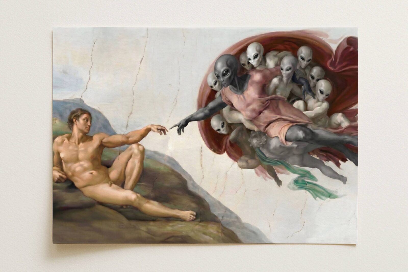 Flat print oil-style painting reimagining Michelangelo's Creation of Adam with a grey alien reaching toward Adam's outstretched hand, surrounded by grey aliens in crimson robes in a pale cracked Sistine ceiling composition — high quality unframed flat poster print, ufoposter.com