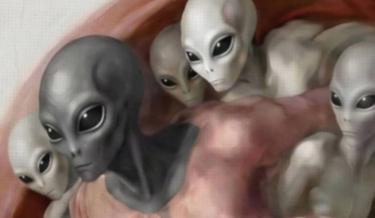 Intense oil-style close-up of a grey alien's outstretched long finger reaching toward Adam's hand in Michelangelo's iconic composition, other grey aliens visible in crimson robes behind in a pale cracked canvas Sistine ceiling style – unframed dark religious sci-fi detail poster, ufoposter.com