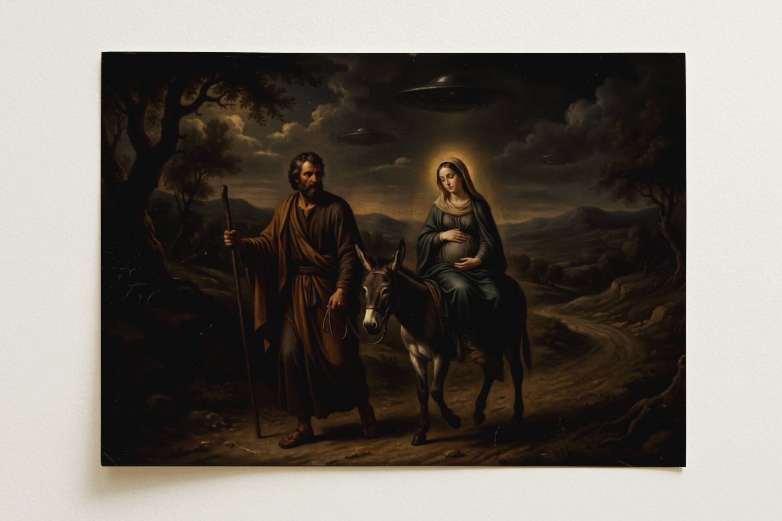 Flat print dramatic dark oil-style painting of Joseph and pregnant Mary on a donkey travelling a dark ancient road through a stormy landscape, two UFOs drifting silently through churning clouds above the hills — high quality unframed flat poster print, ufoposter.com