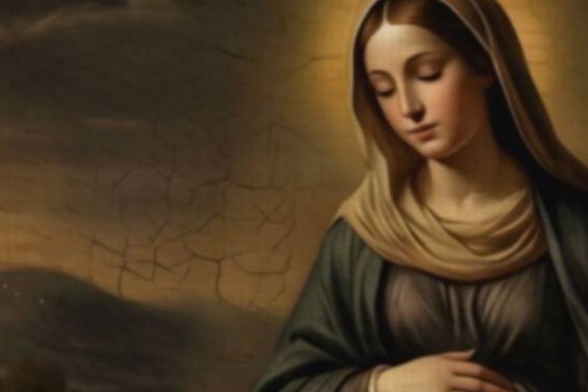 Intense dark oil-style close-up of Mary's glowing golden halo and serene face riding a donkey on a dark winding road, two UFOs barely visible drifting through churning storm clouds above the ancient landscape behind Joseph – unframed dark biblical sci-fi detail poster, ufoposter.com