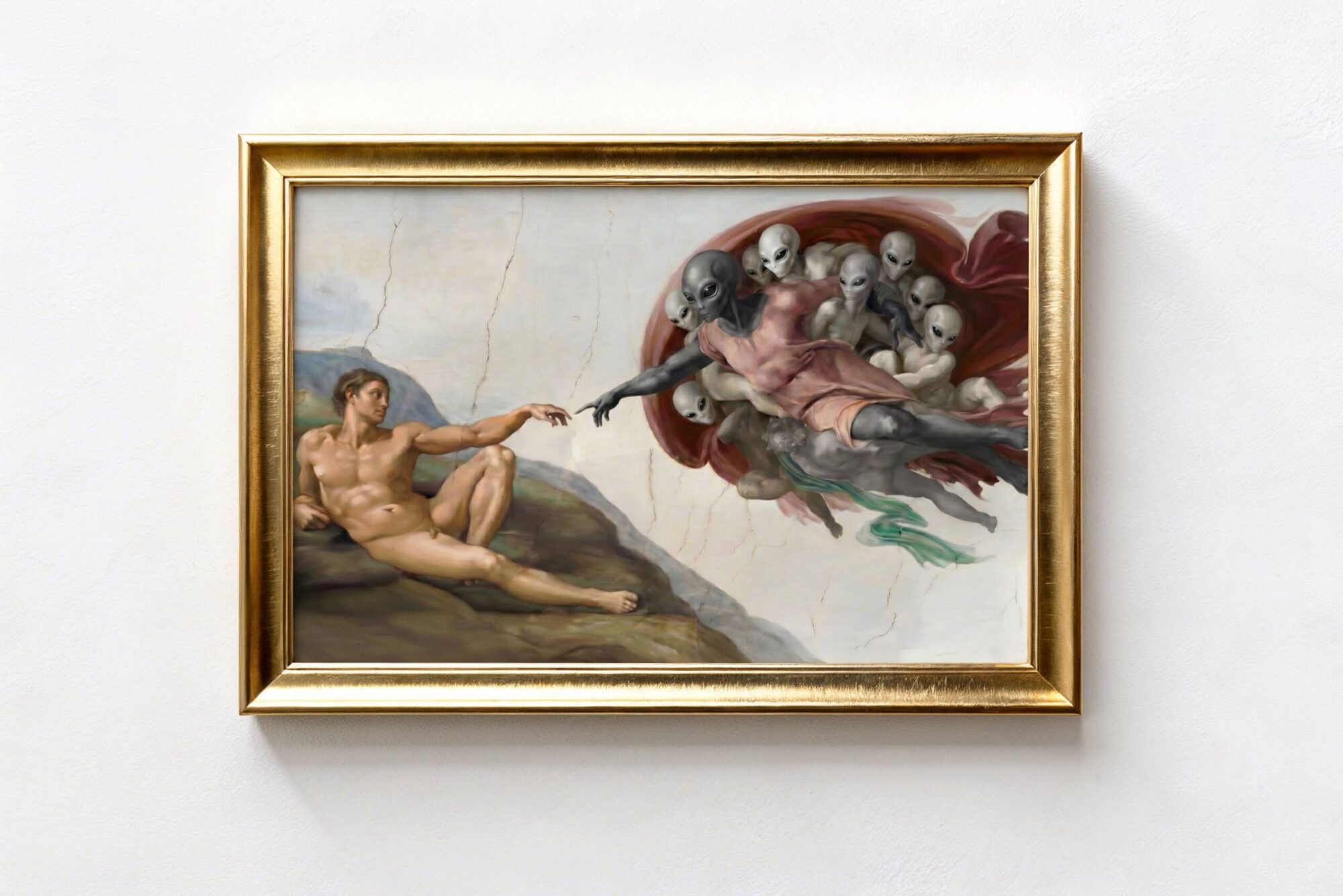 Premium oil-style painting reimagining Michelangelo's Creation of Adam with a grey alien reaching its finger toward Adam's outstretched hand, surrounded by a cluster of grey aliens in crimson robes — breathtaking and audaciously composed dark religious sci-fi wall art – unframed dark Sistine Chapel alien art poster, ufoposter.com