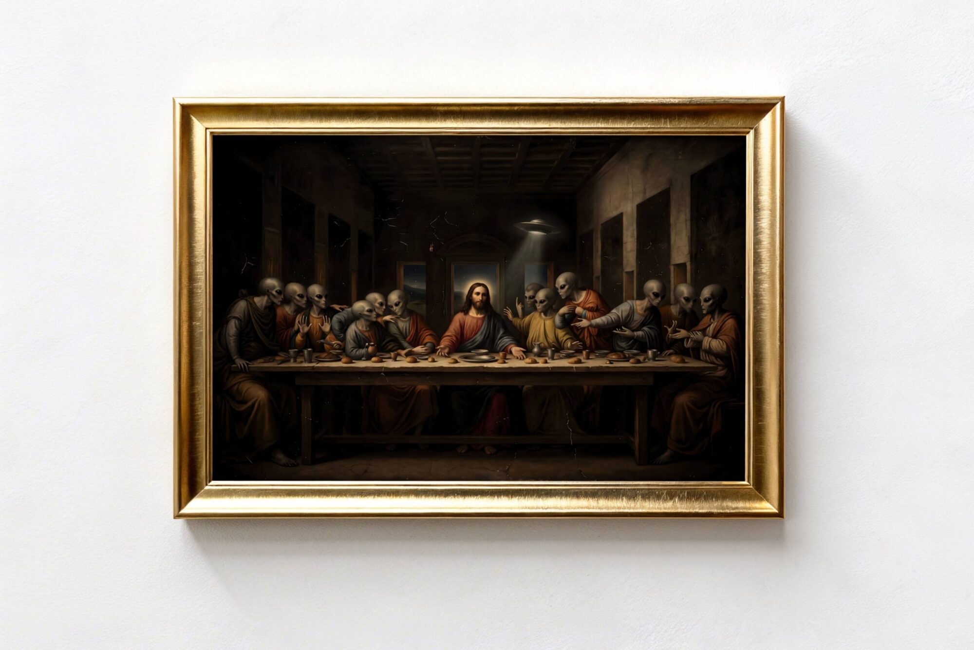 Premium dramatic dark oil-style painting reimagining da Vinci's Last Supper with Christ surrounded by twelve grey aliens in robes at a long wooden table, a UFO hovering through the open doorway in the starry night sky — provocative and masterfully composed dark religious sci-fi wall art – unframed dark biblical alien art poster, ufoposter.com