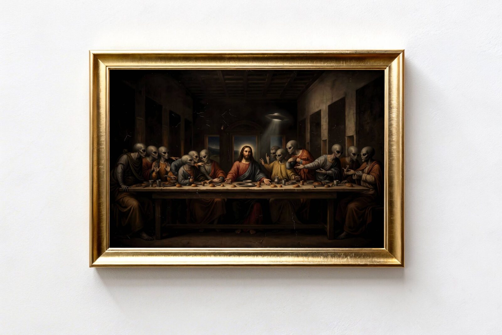Premium dramatic dark oil-style painting reimagining da Vinci's Last Supper with Christ surrounded by twelve grey aliens in robes at a long wooden table, a UFO hovering through the open doorway in the starry night sky — provocative and masterfully composed dark religious sci-fi wall art – unframed dark biblical alien art poster, ufoposter.com