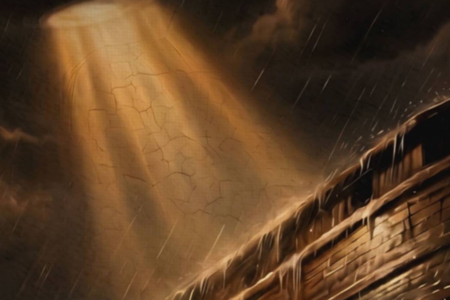 Intense dark oil-style close-up of a UFO's golden beam cutting through dark stormy clouds and pouring light onto the ancient rain-lashed timber hull of Noah's Ark as enormous white-capped waves crash around the vessel — unframed dark biblical sci-fi detail poster, ufoposter.com