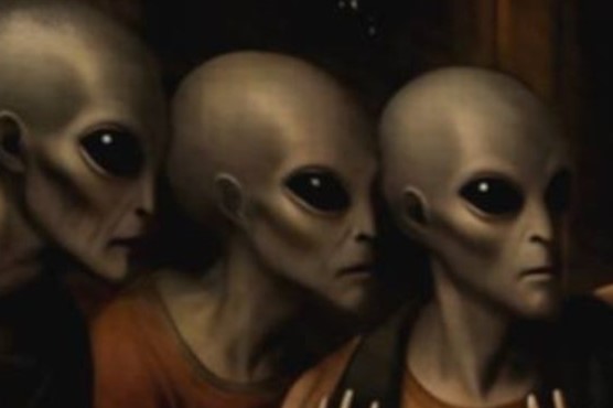 Intense dark oil-style close-up of grey aliens in rust and ochre robes gathered around Christ at the Last Supper table, long alien fingers gesturing animatedly as a UFO hovers through the open doorway in the night sky beyond – unframed dark biblical sci-fi detail poster, ufoposter.com