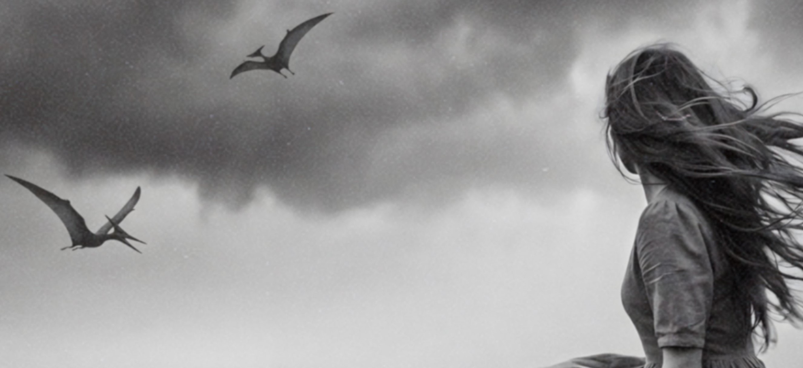Intense black and white close-up of a barefoot windswept woman sitting on the edge of a dramatic coastal cliff, hair blowing across her face, a plesiosaur neck rising from stormy waves and dark storm clouds with pterodactyls above – unframed dark surreal detail poster, ufoposter.com