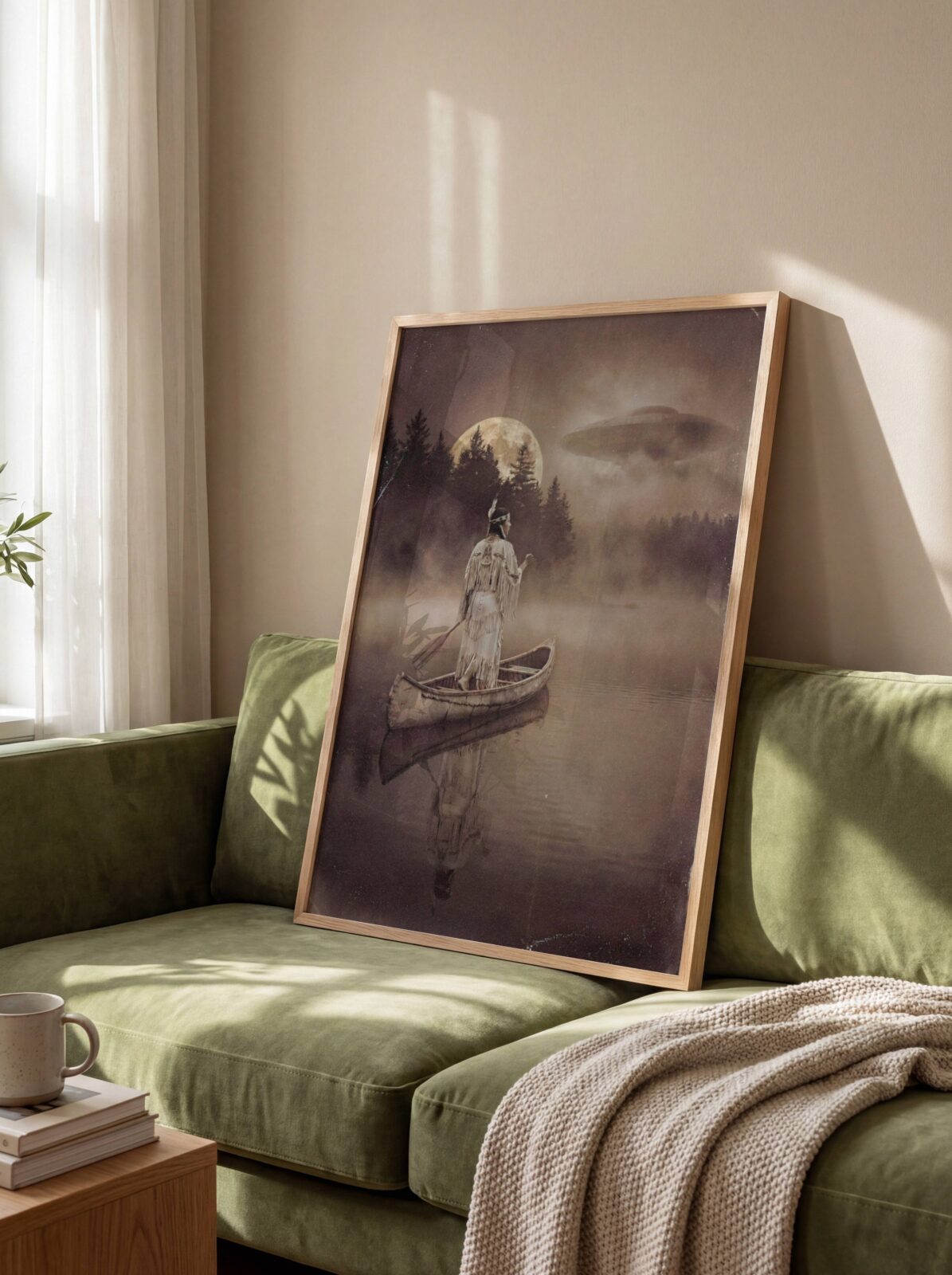 Deeply atmospheric warm sepia artwork of a Native American woman standing in a wooden canoe on a perfectly still misty lake beneath a vast full moon and pine forest, a UFO half-hidden in amber clouds to the right — a hauntingly beautiful dark living room wall art print – unframed vintage sepia art for living room, ufoposter.com