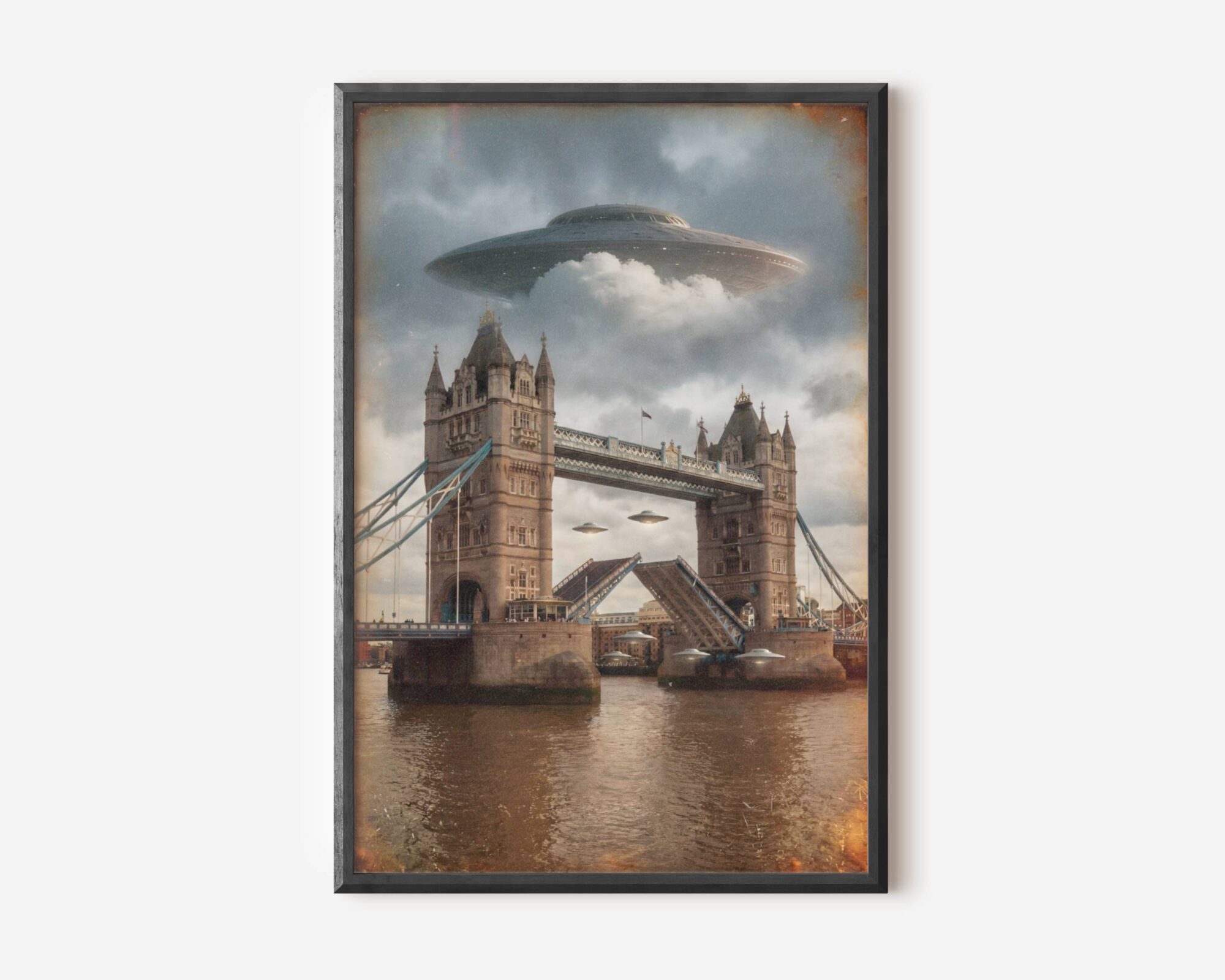 Premium warm golden retro sci-fi poster of a massive UFO hovering above Tower Bridge in dramatic storm clouds over the Thames, a second spacecraft passing through the open bascules and a third resting on the bridge pier — dramatically atmospheric and unmistakably British UFO wall art – unframed retro Tower Bridge alien art poster, ufoposter.com