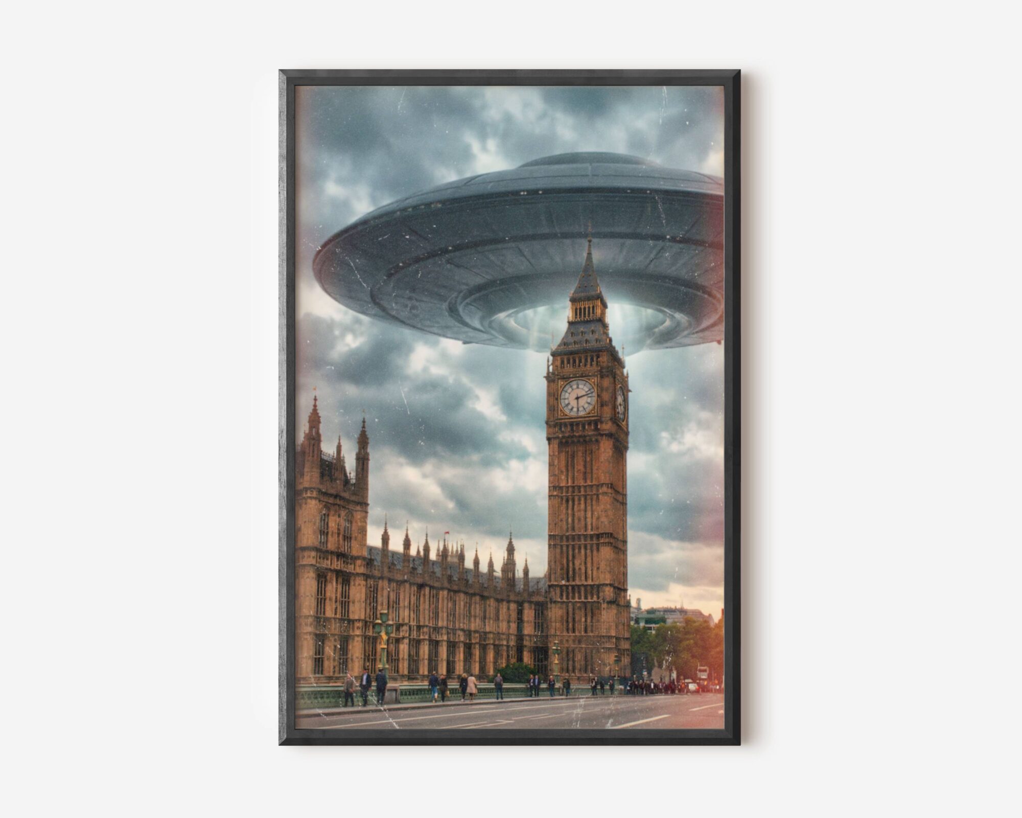 Premium warm retro sci-fi poster of a colossal UFO descending low over Big Ben and the Houses of Parliament in a dramatic golden stormy London sky, pedestrians on the bridge and red buses below going about their business — dramatically atmospheric and unmistakably British UFO wall art – unframed retro London alien art poster, ufoposter.com