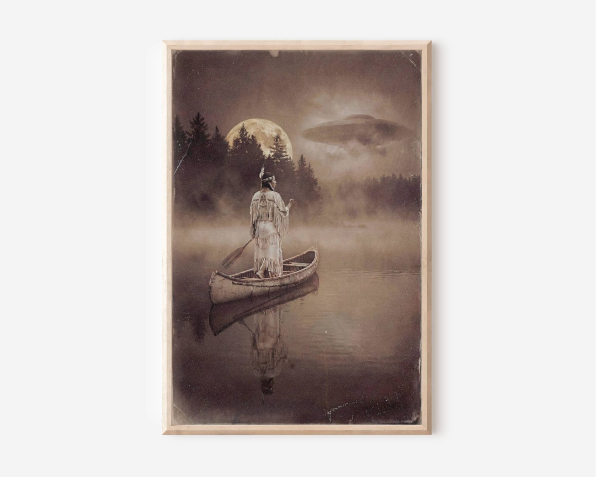 Premium dark atmospheric sepia poster of a Native American woman in traditional fringed dress standing in a wooden canoe on a still misty lake, one hand raised toward the sky as a full moon rises above dark pines and a UFO drifts silently through amber clouds — hauntingly beautiful dark surreal wall art – unframed sepia UFO art poster, ufoposter.com