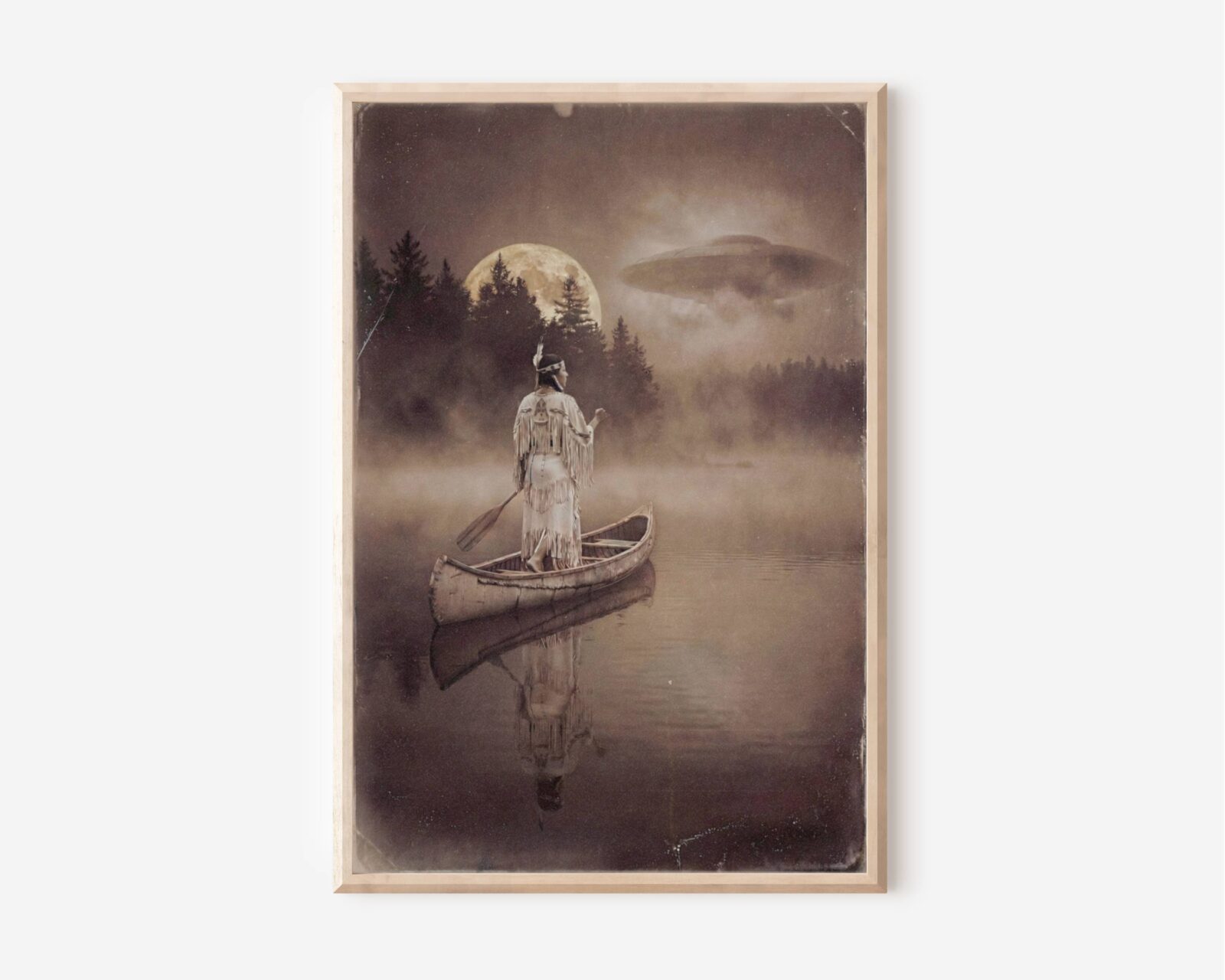 Premium dark atmospheric sepia poster of a Native American woman in traditional fringed dress standing in a wooden canoe on a still misty lake, one hand raised toward the sky as a full moon rises above dark pines and a UFO drifts silently through amber clouds — hauntingly beautiful dark surreal wall art – unframed sepia UFO art poster, ufoposter.com