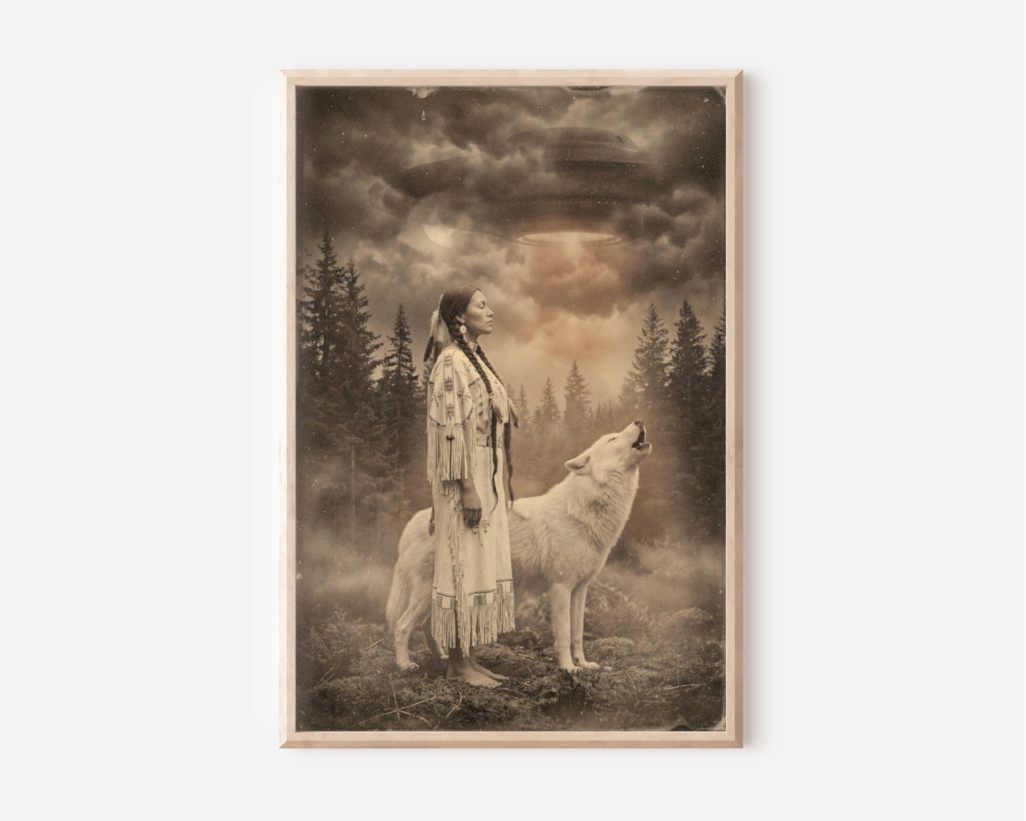 Premium dark atmospheric sepia poster of a Native American woman in traditional fringed dress standing barefoot in a misty pine forest with eyes closed, a white wolf howling beside her and two UFOs drifting silently through heavy amber storm clouds — hauntingly beautiful dark surreal wall art – unframed sepia wolf UFO art poster, ufoposter.com