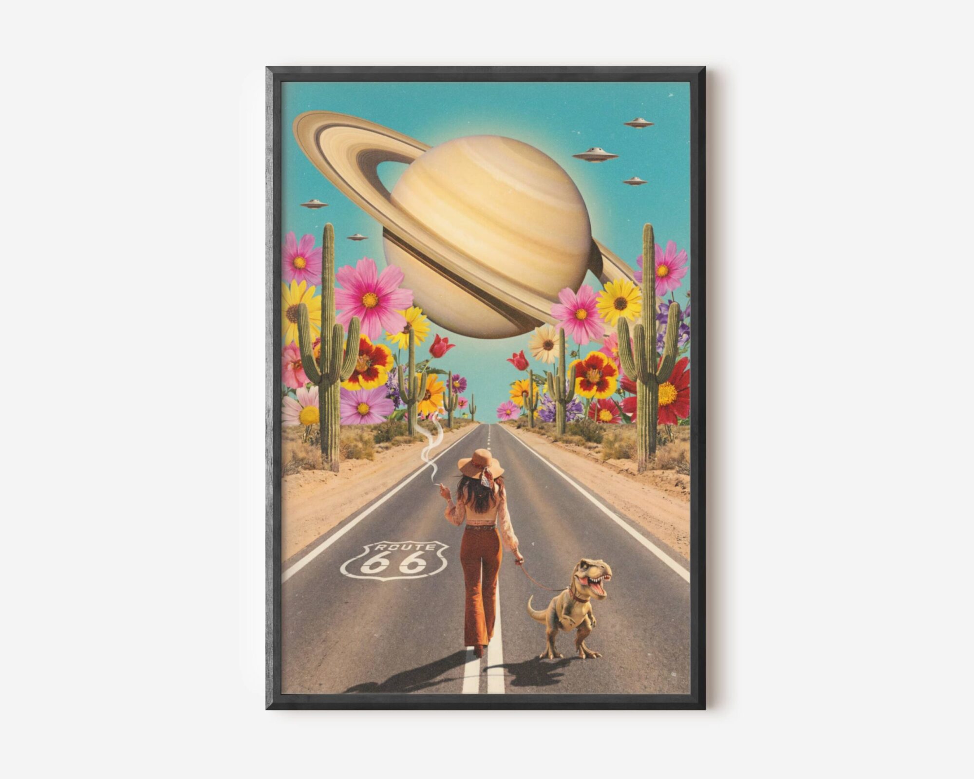 Premium funny retro collage poster of a bohemian woman in a wide-brim hat walking a baby T-Rex on a leash down Route 66, giant colourful flowers and saguaro cacti lining the desert road as Saturn fills a bright turquoise sky and UFOs drift casually past — bold, bright and brilliantly joyful retro sci-fi collage wall art – unframed funny retro collage poster, ufoposter.com