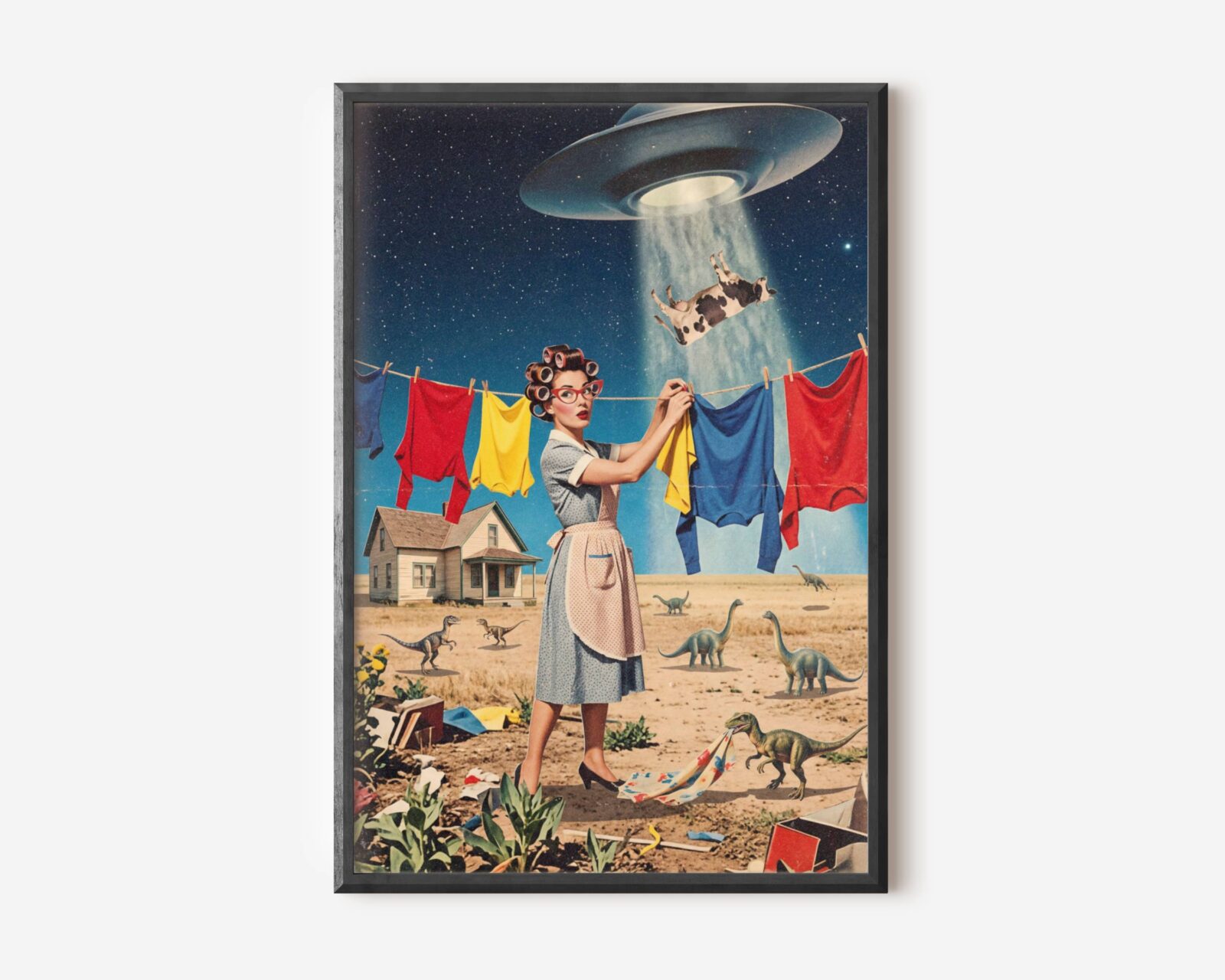 Premium funny retro collage poster of a 1950s housewife in hair rollers calmly hanging colourful laundry while a UFO abducts a cow overhead and dinosaurs roam the prairie — bold, bright and brilliantly funny retro sci-fi wall art – unframed funny retro collage poster, ufoposter.com