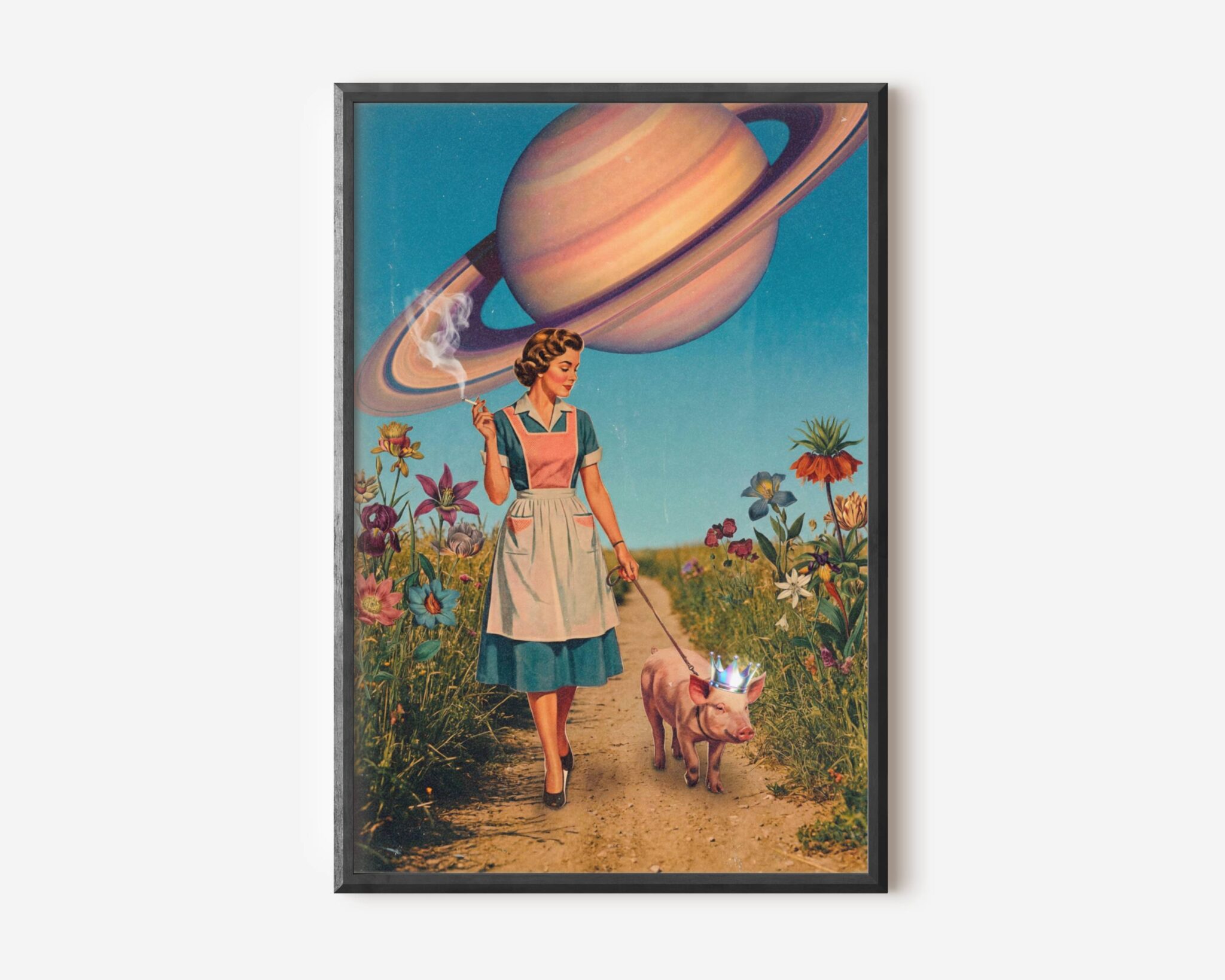 Premium funny retro collage poster of a 1950s housewife smoking elegantly while walking a holographic-crowned pig through a wildflower path beneath a giant Saturn — warm, pastel-toned and brilliantly surreal retro collage wall art – unframed funny retro collage poster, ufoposter.com