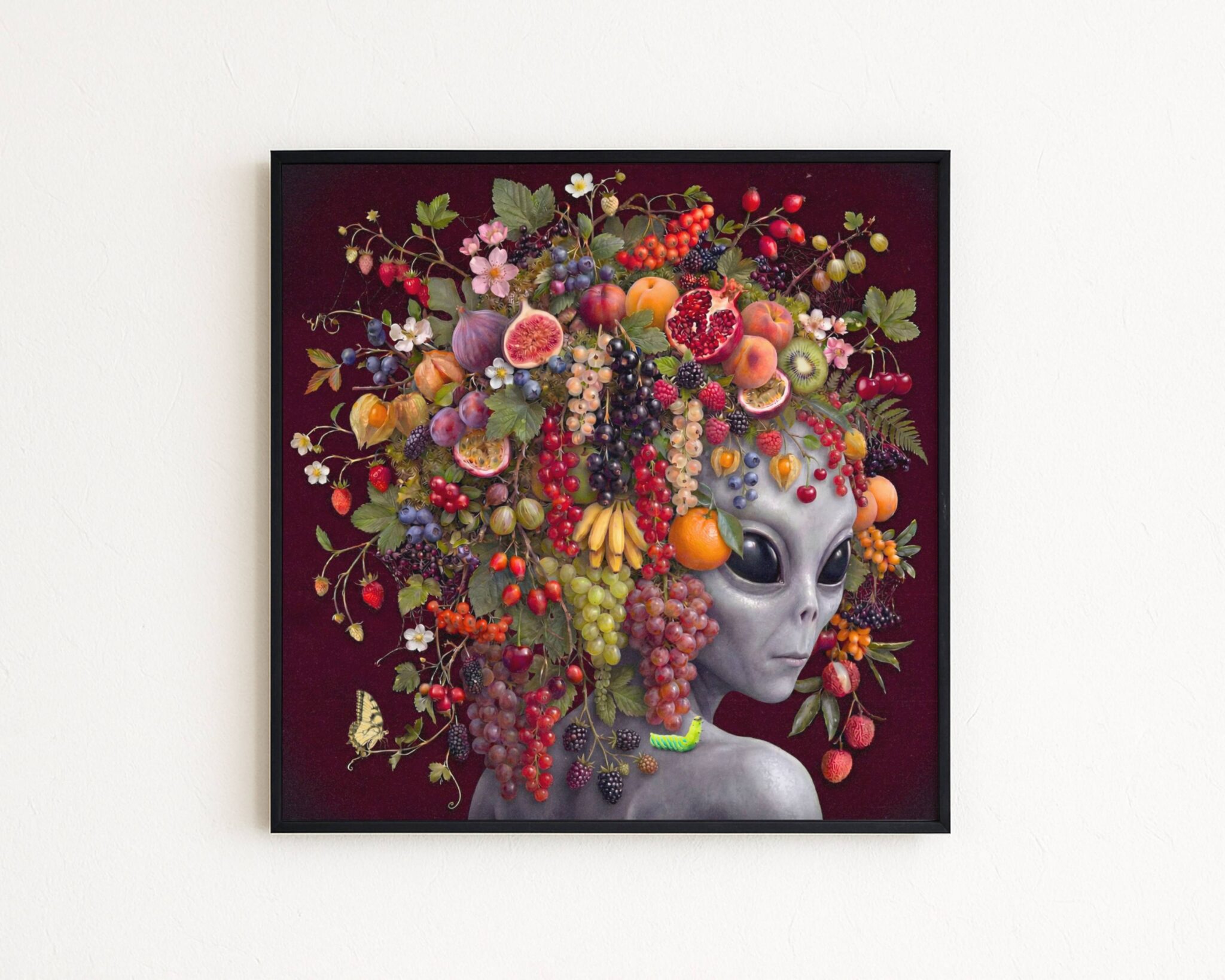 Premium bold surreal portrait of a grey alien with calm dark eyes crowned with an extraordinary abundance of fruit — pomegranates, figs, grapes, strawberries, peaches, bananas, oranges and blackberries — cascading against deep dark burgundy with a swallowtail butterfly and caterpillar on her collarbone — a genuinely unique and luscious alien fruit wall art print – unframed rich alien fruit art poster, ufoposter.com