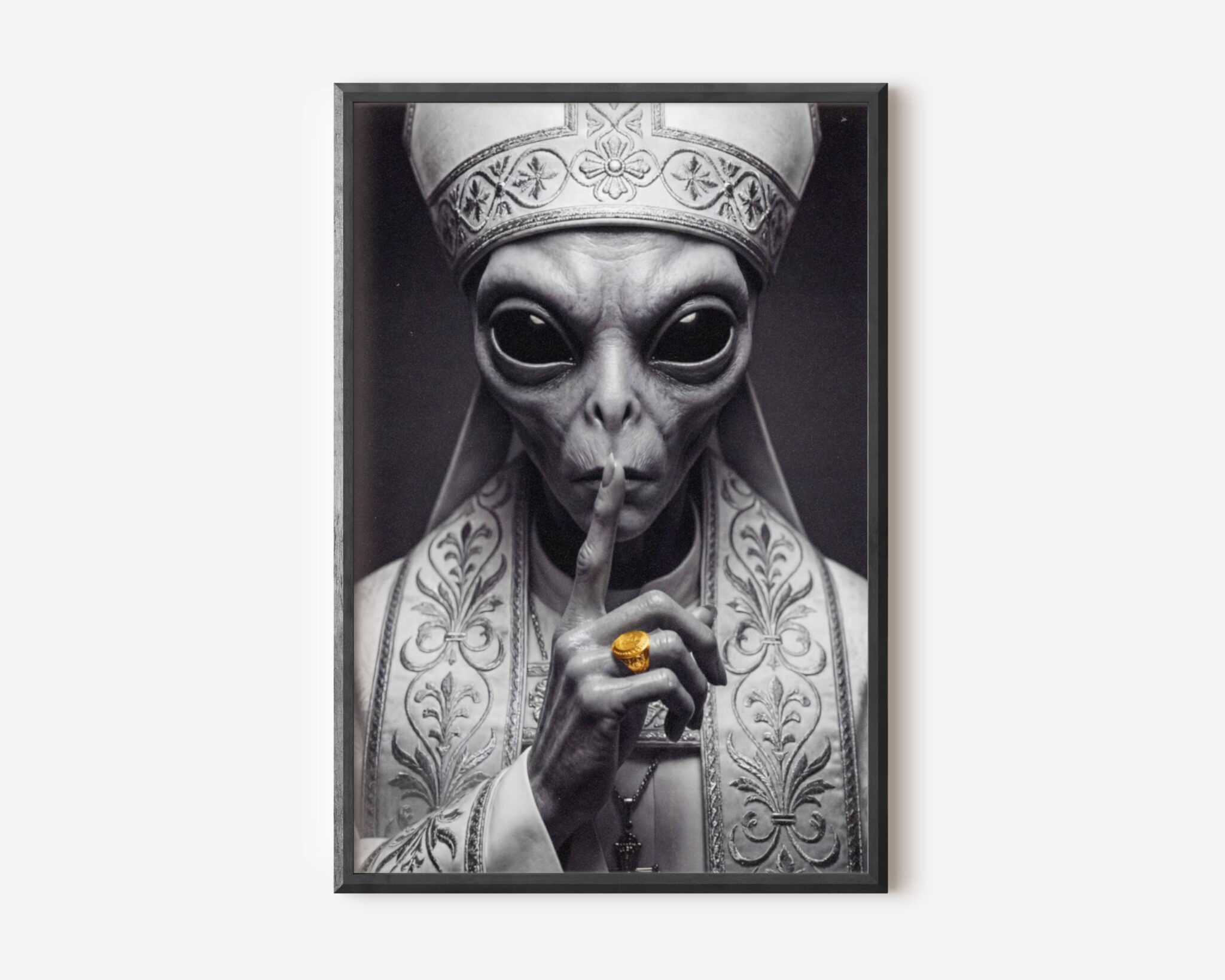 Premium dark monochrome portrait of a grey alien dressed in ornate papal robes and mitre raising one long finger to its lips in a silence gesture, a gold ring the only colour accent in a stark cinematic black and white composition — bold and provocative dark alien wall art – unframed dark alien art poster, ufoposter.com