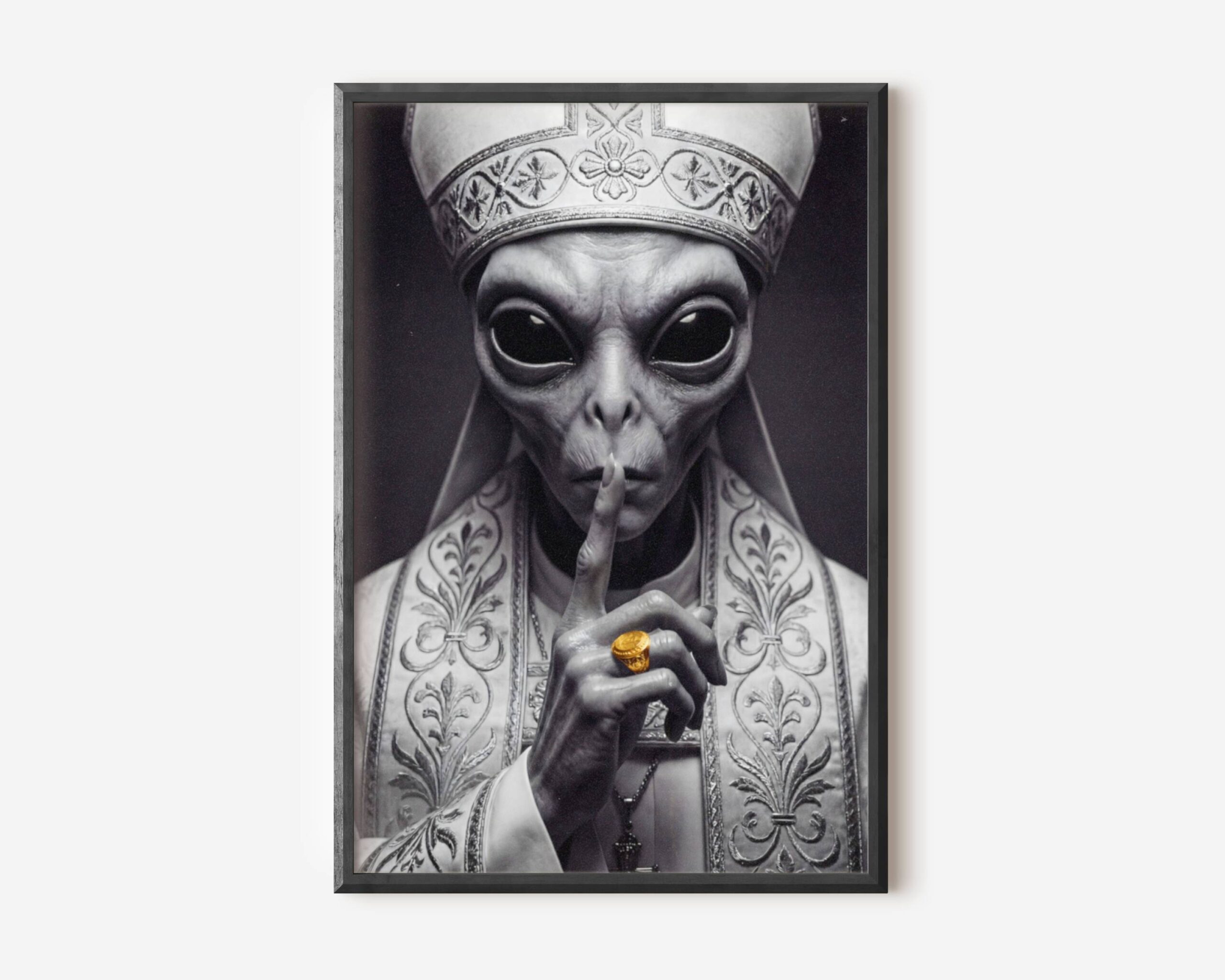 Premium dark monochrome portrait of a grey alien dressed in ornate papal robes and mitre raising one long finger to its lips in a silence gesture, a gold ring the only colour accent in a stark cinematic black and white composition — bold and provocative dark alien wall art – unframed dark alien art poster, ufoposter.com