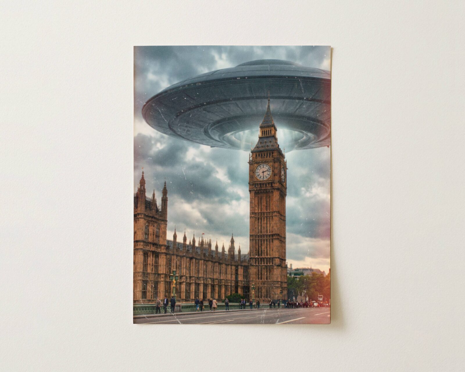 Flat print dramatic warm retro artwork of a colossal UFO above Big Ben and the Houses of Parliament in a golden stormy London sky, Gothic Westminster spires and Thames embankment stretching below — high quality unframed flat poster print, ufoposter.com