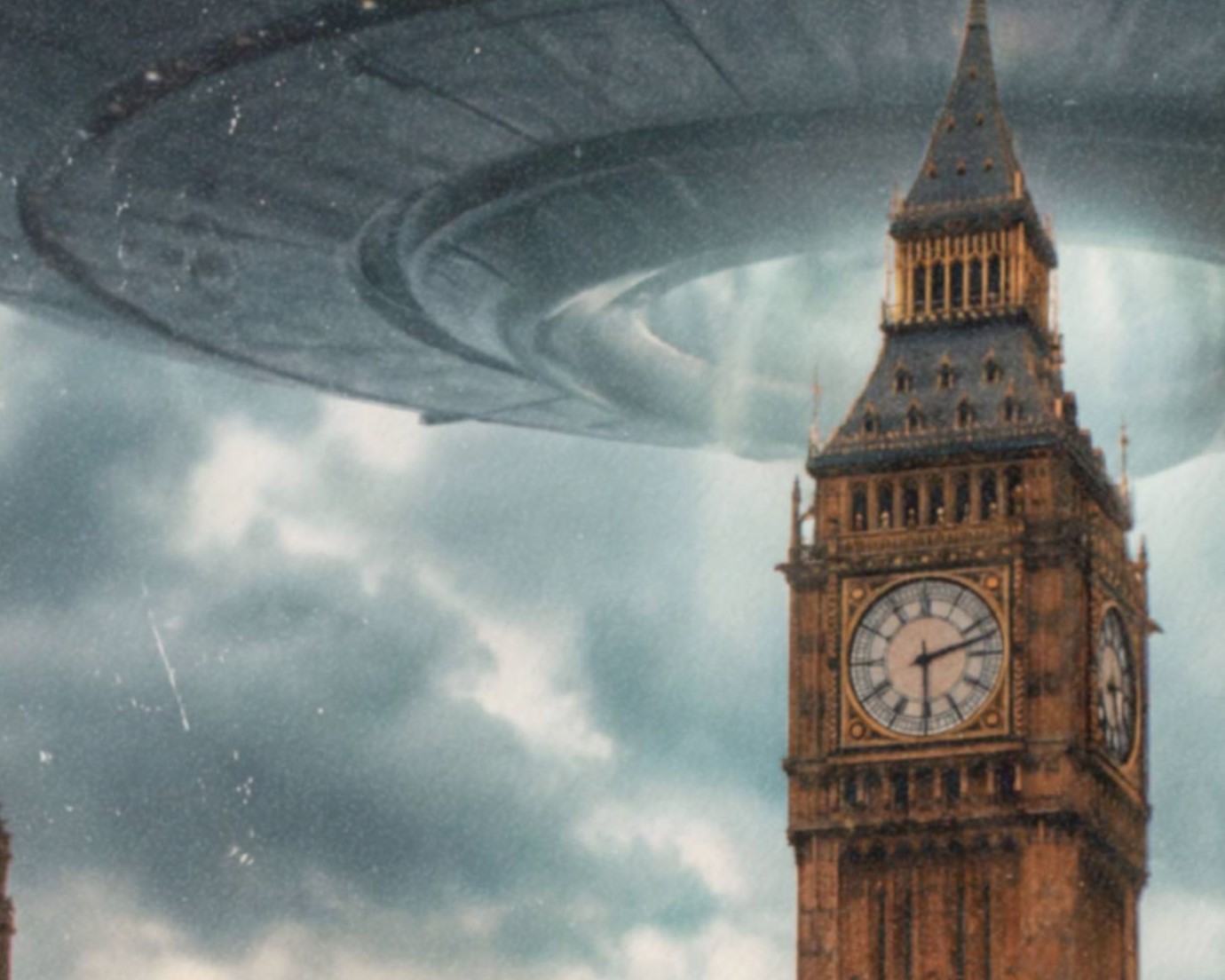 Intense warm retro close-up of a colossal UFO's vast metallic hull dwarfing Big Ben's Elizabeth Tower in a dramatic golden stormy London sky, the ornate Gothic stonework of Westminster visible below – unframed retro UFO London detail poster, ufoposter.com
