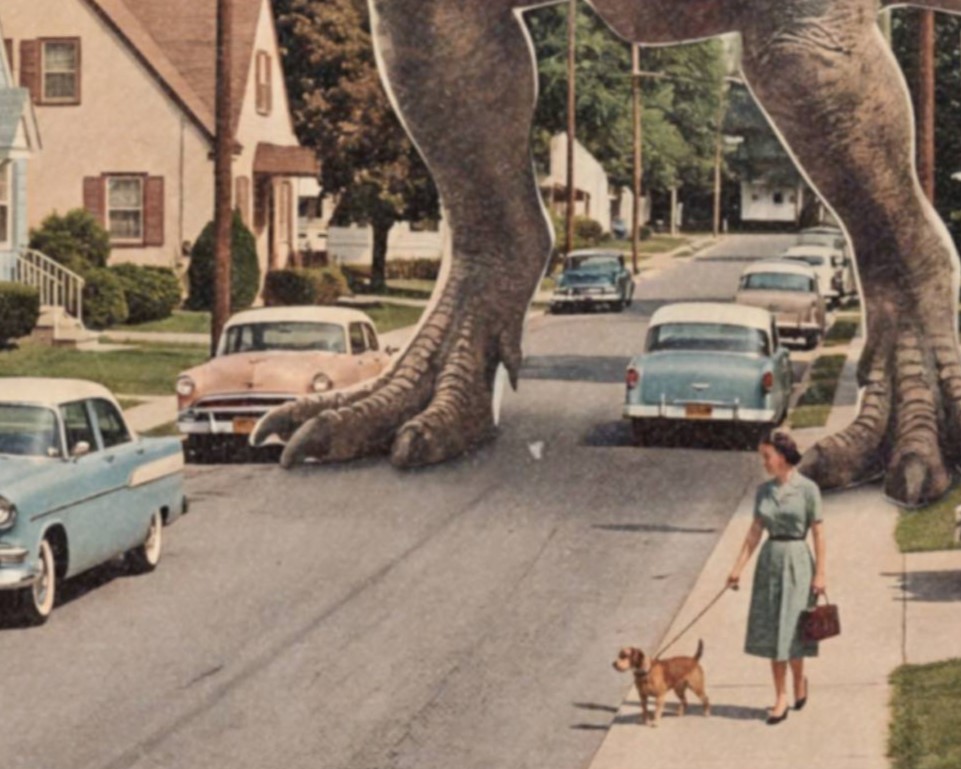 Intense close-up of a giant T-Rex face looming over a quiet 1950s American suburban street, a woman walking her dog visible below on the pavement and a glowing UFO beam visible above the pastel rooftops – unframed retro collage detail poster, ufoposter.com