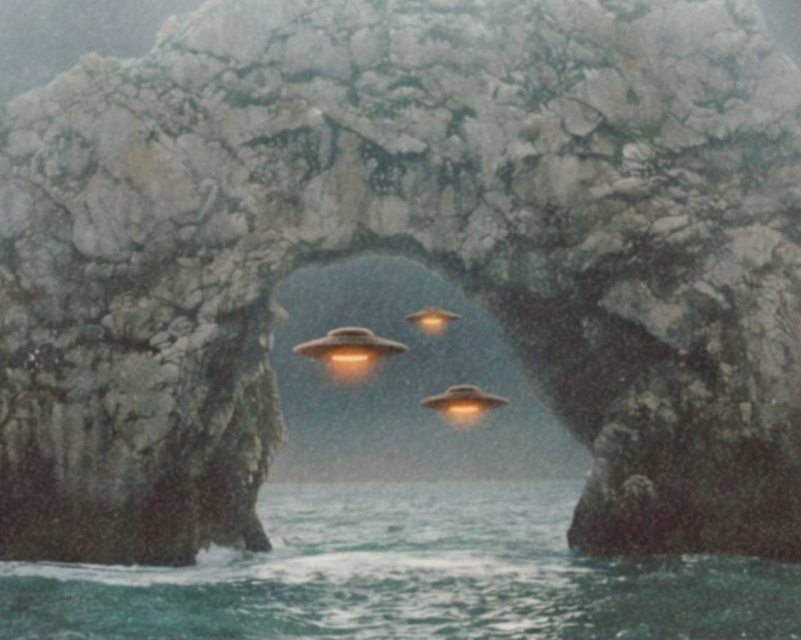 Intense dark retro close-up of a massive UFO's blinding blue-white beam pouring through heavy storm clouds directly above the ancient Durdle Door limestone arch, two amber-glowing spacecraft drifting through the arch over the churning Dorset coastline – unframed retro UFO Durdle Door detail poster, ufoposter.com