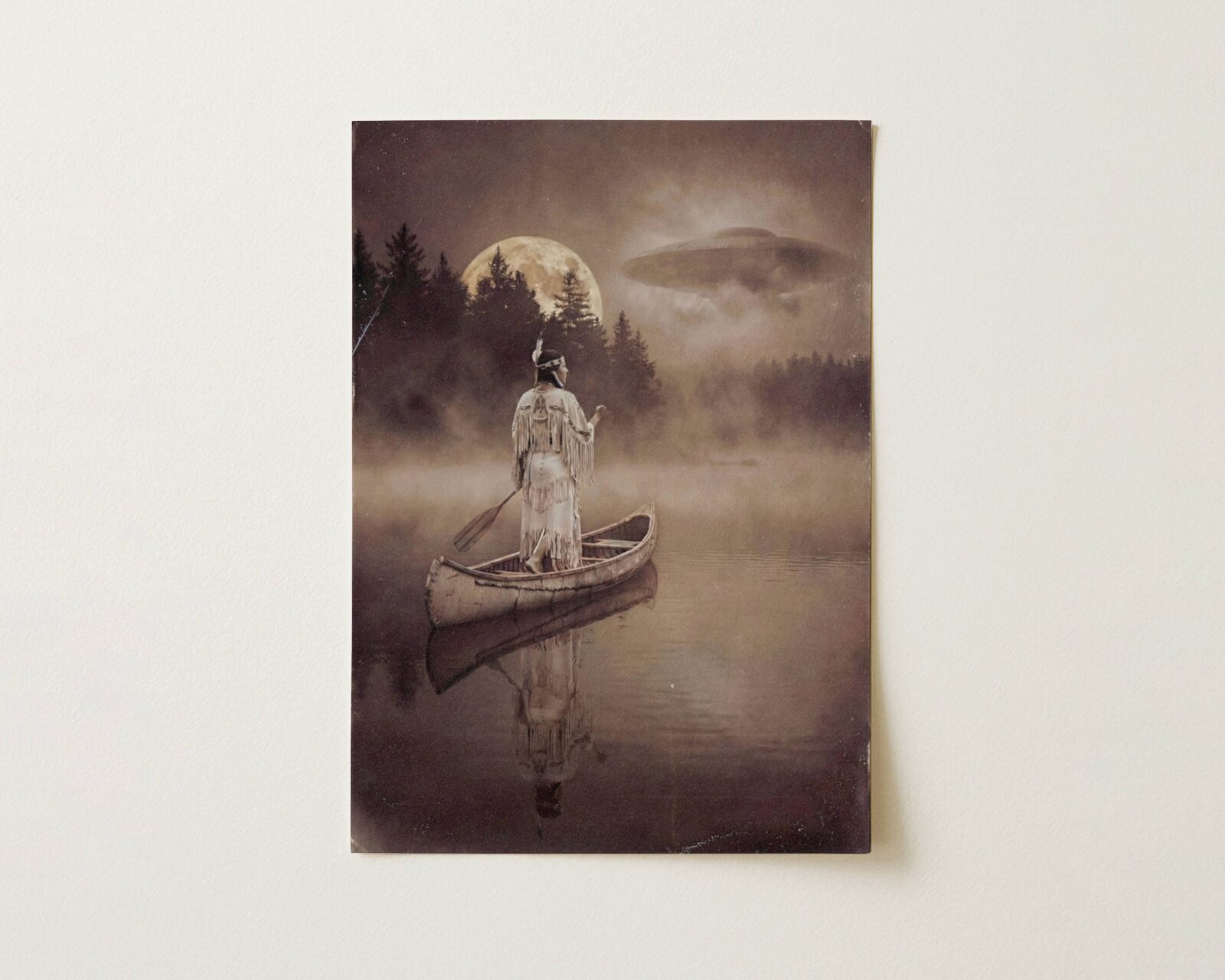 Flat print deeply atmospheric warm sepia artwork of a Native American woman in a wooden canoe on a still misty lake beneath a full moon and dark pines, a UFO drifting through amber clouds to the right — high quality unframed flat poster print, ufoposter.com