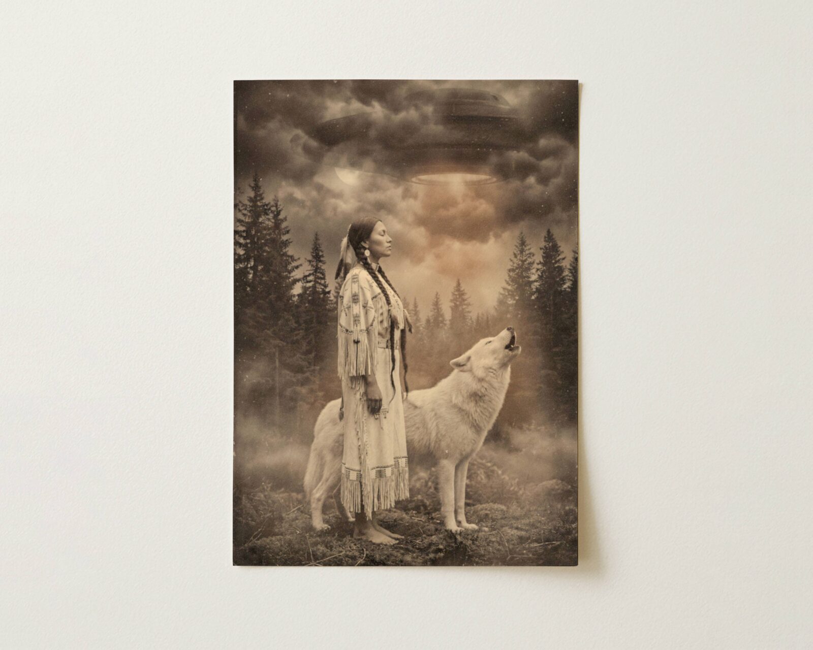 Flat print deeply atmospheric warm sepia artwork of a Native American woman standing in a misty pine forest beside a howling white wolf, two UFOs glowing through heavy amber storm clouds above the treeline — high quality unframed flat poster print, ufoposter.com