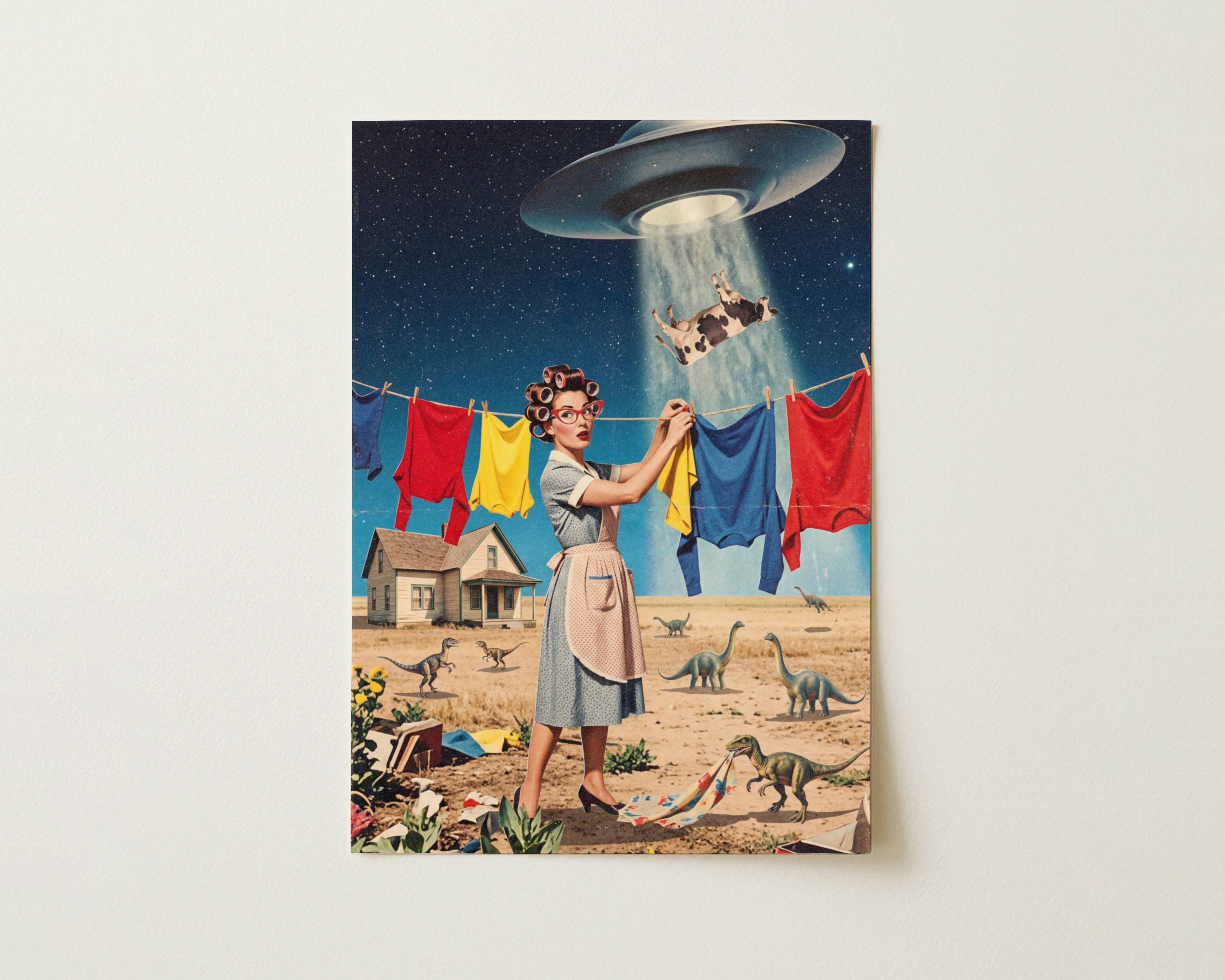 Flat print bold colourful vintage retro collage of a 1950s housewife hanging laundry as a UFO abducts a cow in the night sky above dinosaur-roamed dusty plains — high quality unframed flat poster print, ufoposter.com