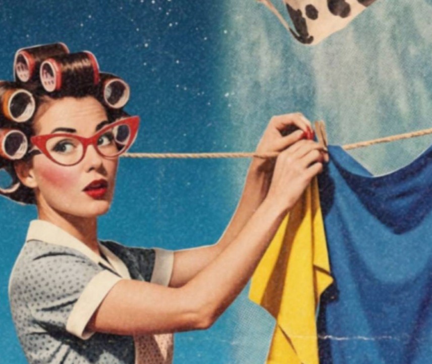 Intense close-up of a 1950s housewife in red cat-eye glasses and hair rollers pegging colourful laundry with focused determination, a UFO beam and floating cow visible above the washing line in bold retro collage style – unframed retro collage detail poster, ufoposter.com