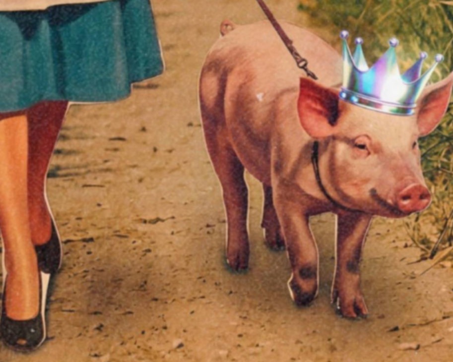 Intimate warm pastel close-up of a holographic-crowned pig on a leash beside a 1950s housewife's elegant heels on a wildflower country path, Saturn's rings glowing warmly above in a bright blue sky – unframed retro collage detail poster, ufoposter.com