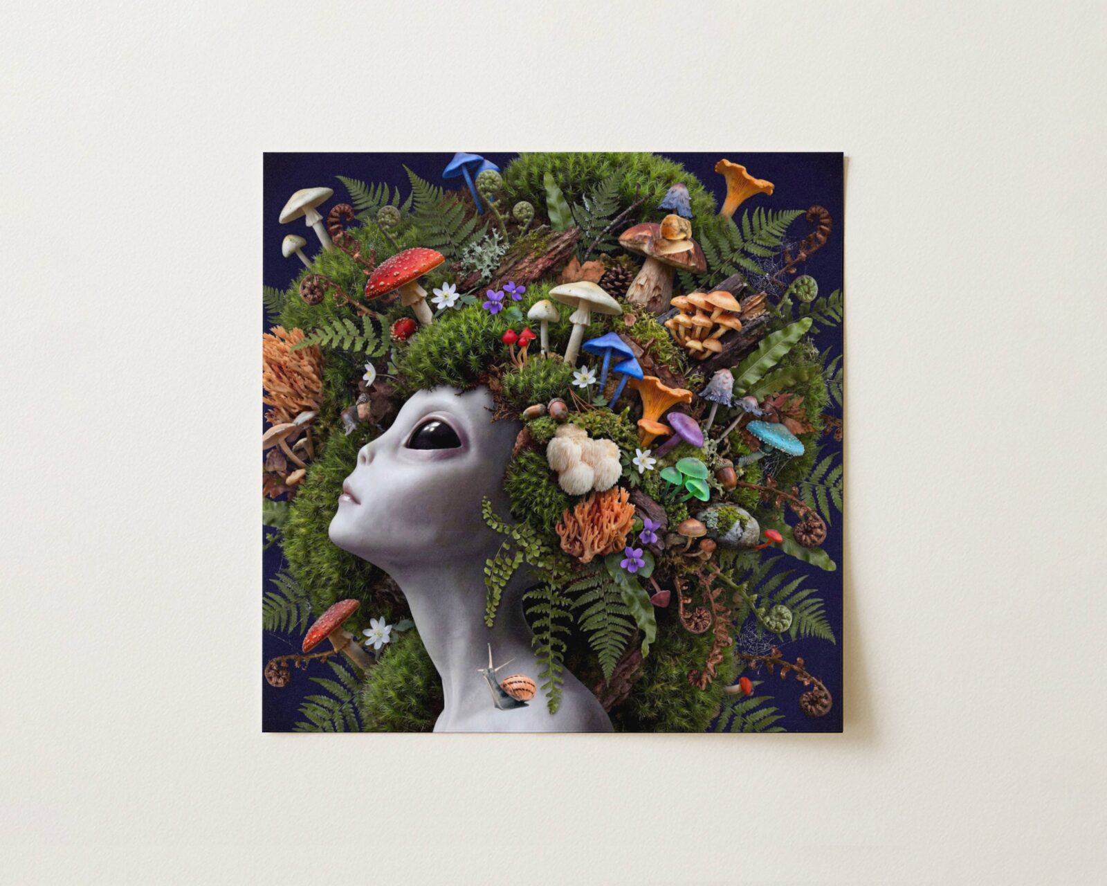 Flat print bold rich surreal portrait of a grey alien crowned with an extraordinary abundance of wild mushrooms — fly agarics, chanterelles, lion's mane and honey mushrooms — nestled in lush green moss and curling ferns against a deep dark navy background with a snail — high quality unframed flat poster print, ufoposter.com