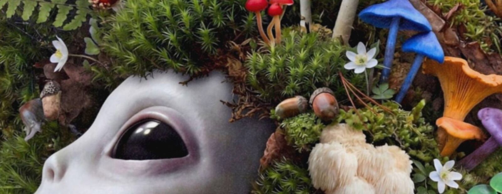 Intimate rich close-up of a grey alien's calm dark eyes and smooth grey face surrounded by an extraordinary cascading crown of wild mushrooms — fly agarics, chanterelles, lion's mane and porcini — nestled in deep green moss and ferns against a deep dark navy background with a snail – unframed rich alien mushroom detail poster, ufoposter.com