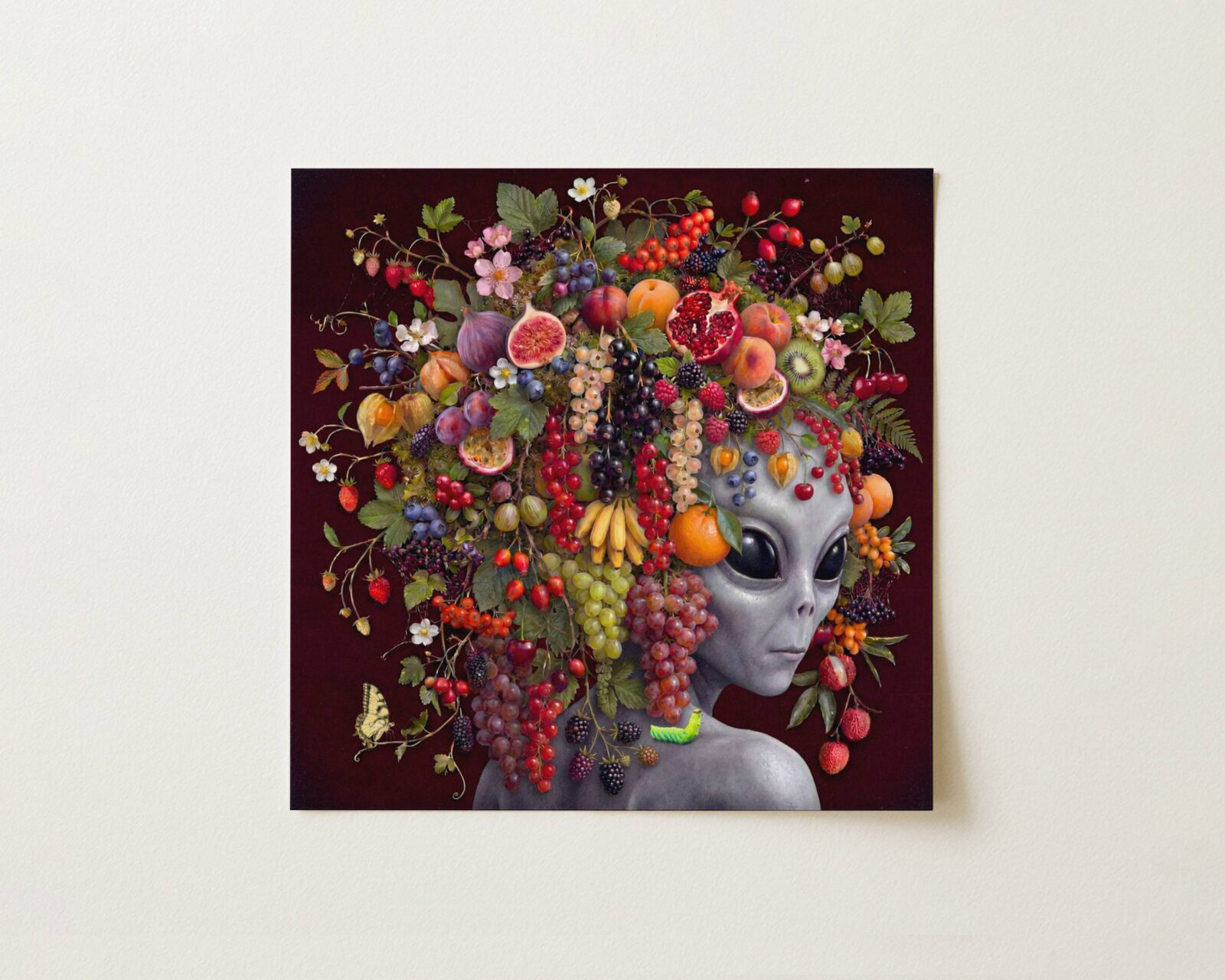 Flat print bold rich surreal portrait of a grey alien crowned with an extraordinary abundance of fruit — pomegranates, figs, grapes, strawberries, peaches and blackberries — cascading against a deep dark burgundy background with a swallowtail butterfly — high quality unframed flat poster print, ufoposter.com
