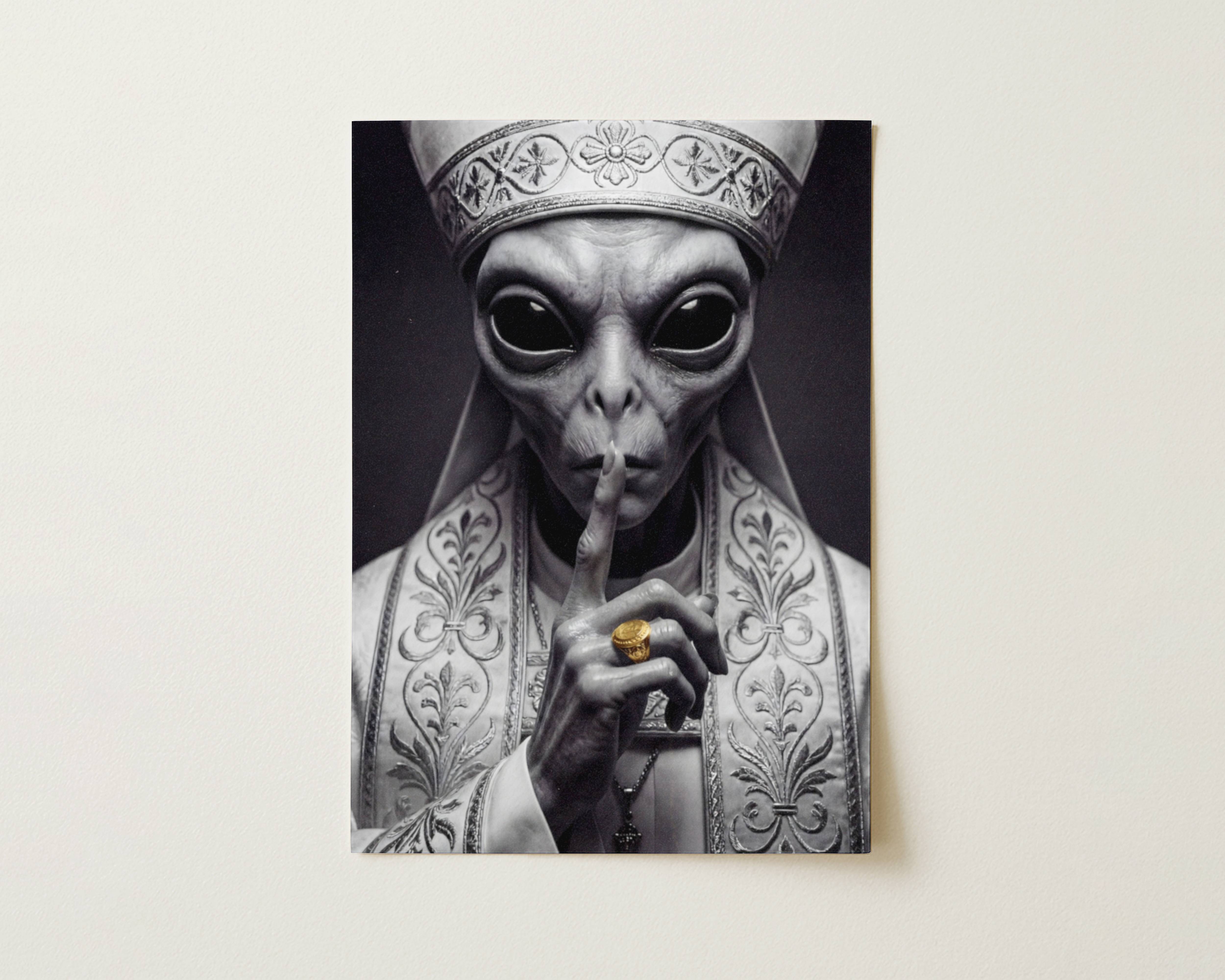 Flat print dark monochrome portrait of a grey alien in full papal robes and mitre holding one finger to its lips, a gold ring the sole colour in an otherwise stark black and white composition — high quality unframed flat poster print, ufoposter.com