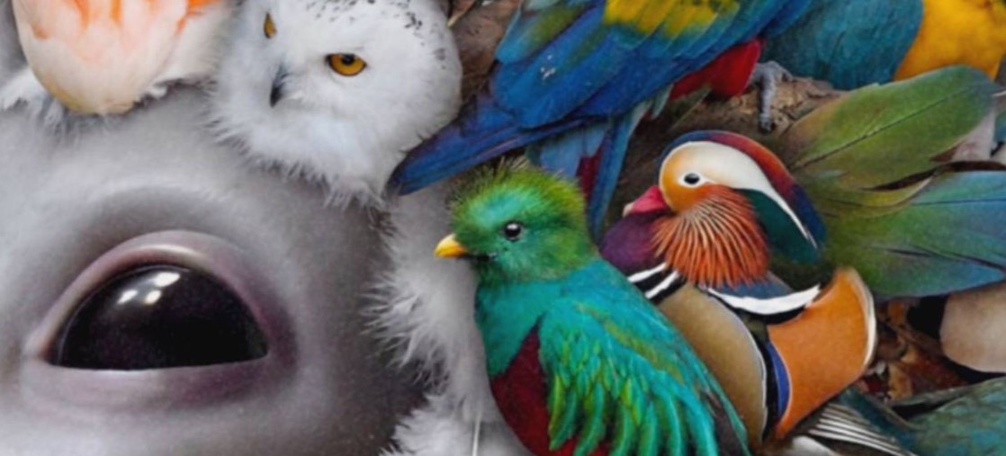 Intimate vibrant close-up of a grey alien's calm dark eyes and smooth grey face surrounded by an extraordinary living crown of exotic birds — scarlet macaw, toucan, barn owl and quetzal — with peacock feathers and tropical plumage cascading against warm burnt orange – unframed colourful alien bird detail poster, ufoposter.com