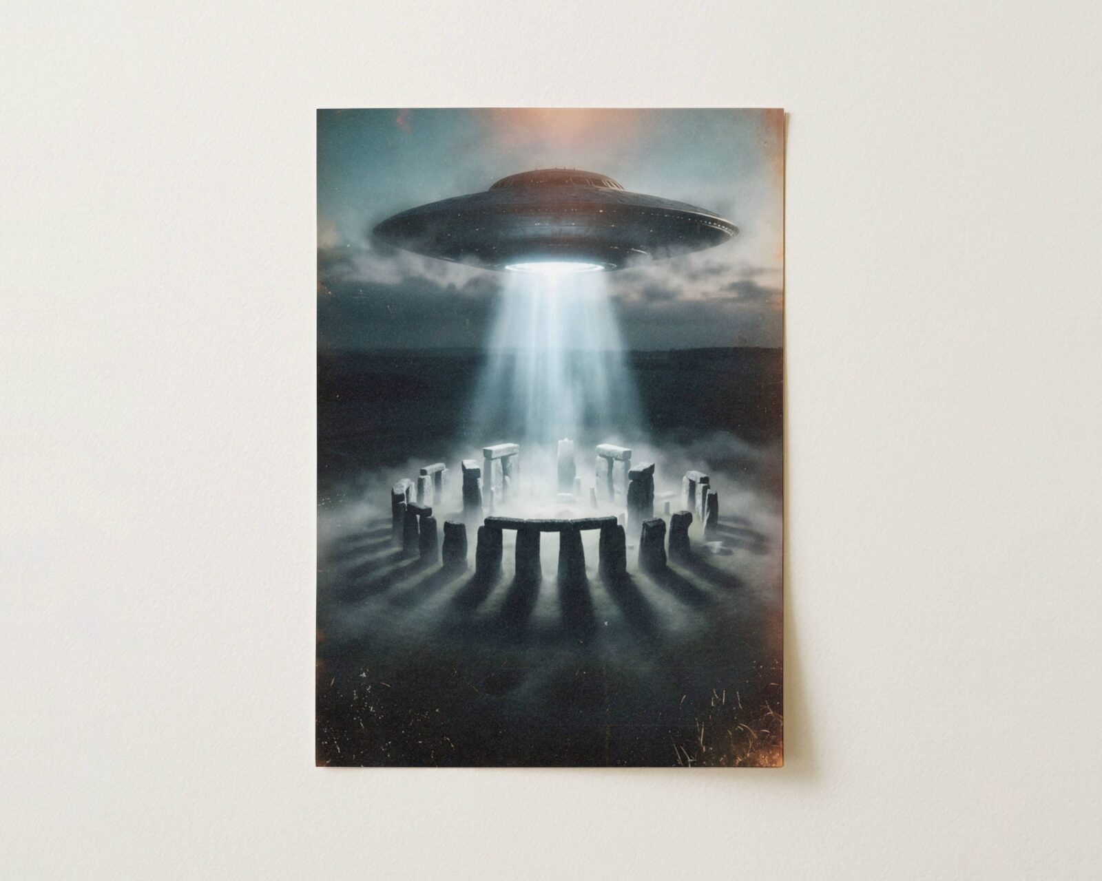 Deeply dramatic dark retro artwork of a massive UFO above Stonehenge casting a blinding beam of white light through storm clouds onto the misty ancient stone circle below — a hauntingly beautiful Stonehenge poster perfect for living room decor – unframed retro sci-fi living room poster, ufoposter.com