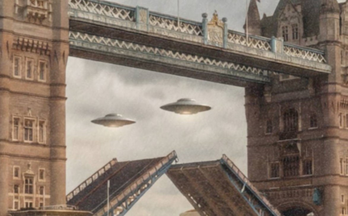 Intense warm golden retro close-up of a massive UFO's metallic hull hovering directly above Tower Bridge's Gothic towers in dramatic storm clouds, a second smaller spacecraft visible passing through the raised bascules over the glowing Thames below – unframed retro UFO Tower Bridge detail poster, ufoposter.com
