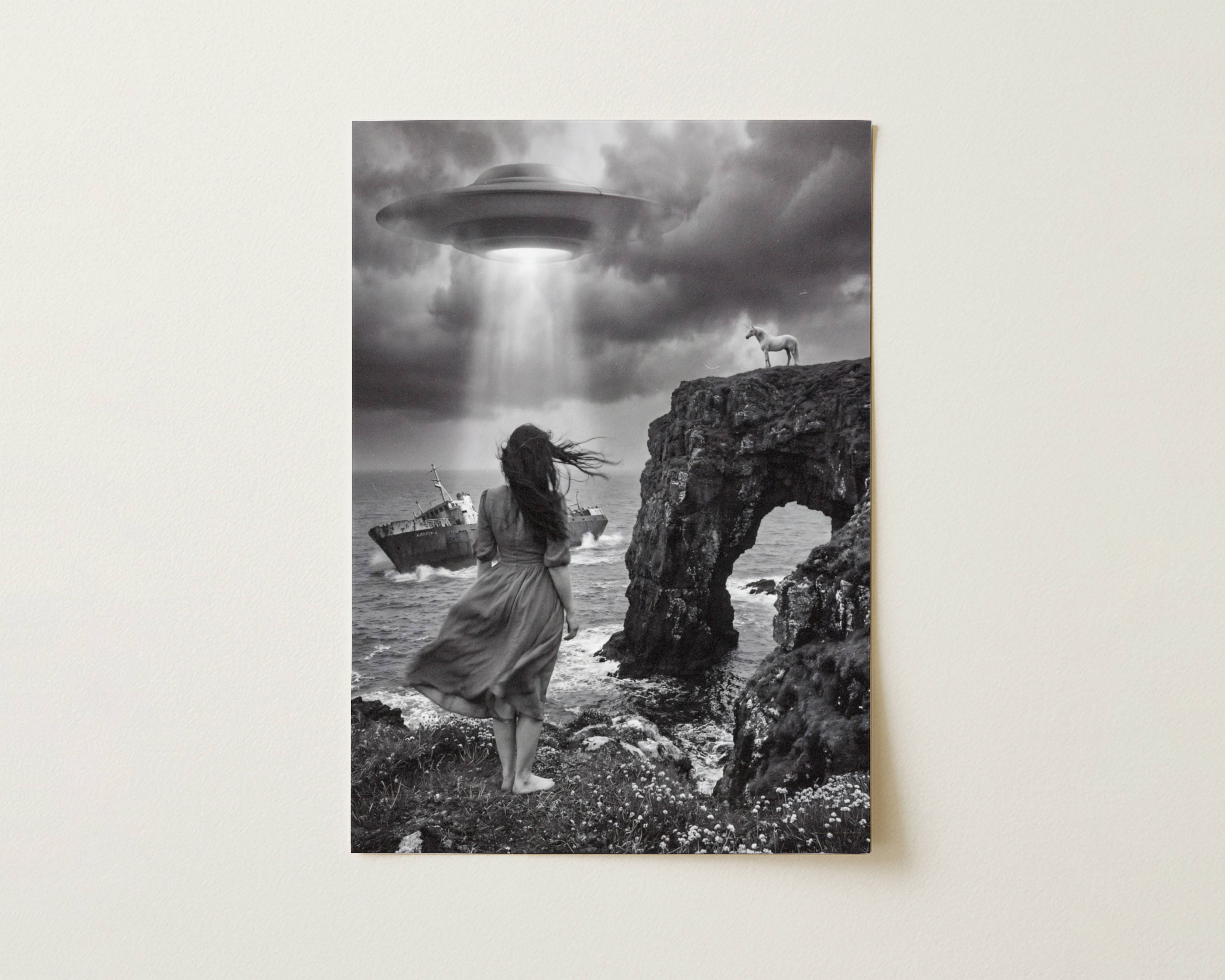 Flat print atmospheric black and white surreal artwork of a barefoot windswept woman on a stormy rocky coast with a shipwreck in crashing waves, a UFO beam in dark storm clouds and a unicorn on a clifftop arch — high quality unframed flat poster print, ufoposter.com