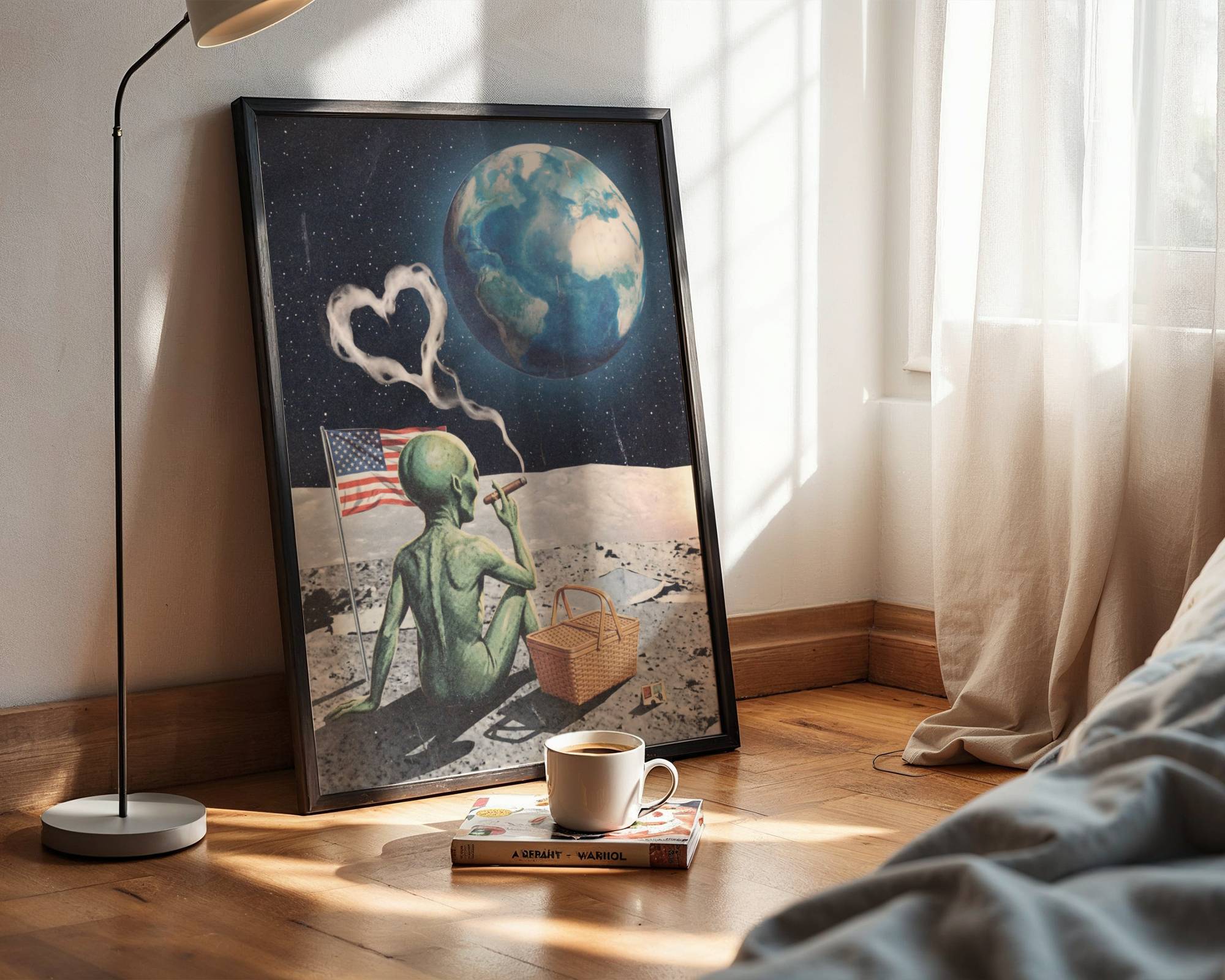 Dark cinematic retro vintage collage of a green alien cross-legged on the Moon with a cigar, heart-shaped smoke, an American flag, a picnic basket and planet Earth glowing enormous in the black starry sky — bold funny kitchen wall decor – unframed vintage collage kitchen poster, ufoposter.com