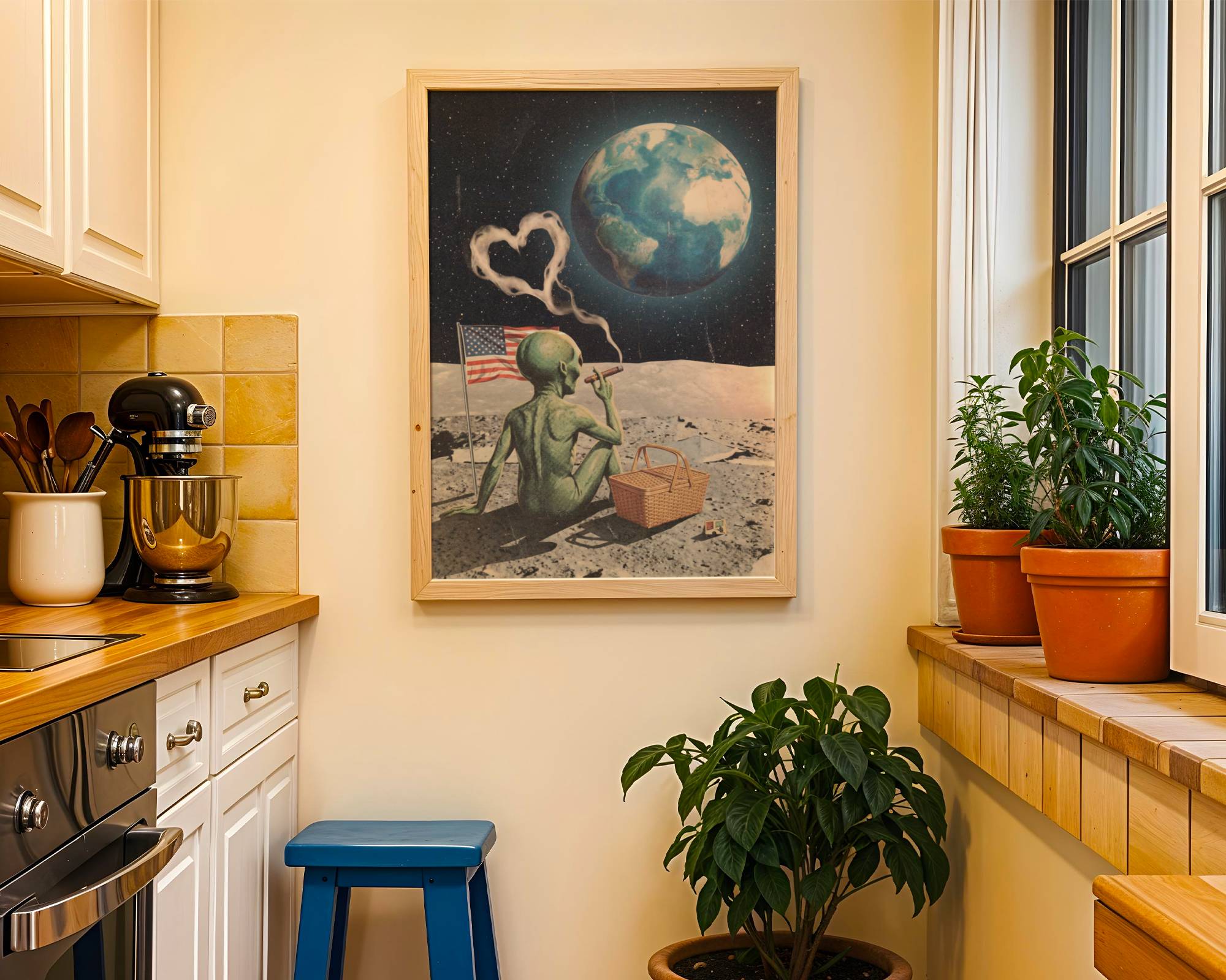Striking dark retro collage of a green alien sitting on the lunar surface smoking a cigar as heart-shaped smoke drifts upward beside an American flag and picnic basket, planet Earth glowing blue above — hilarious funny kitchen poster – unframed retro moon kitchen poster, ufoposter.com