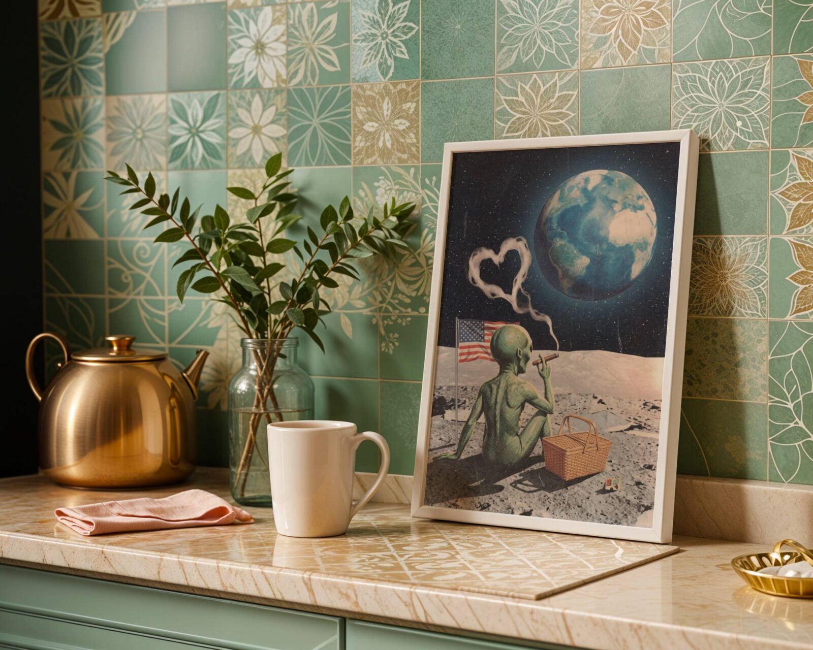 Bold dark vintage retro collage of a green alien cross-legged on the Moon smoking a cigar with heart-shaped smoke curling into starry space, an American flag and picnic basket beside him and planet Earth glowing blue above – unframed funny retro alien moon wall poster, ufoposter.com