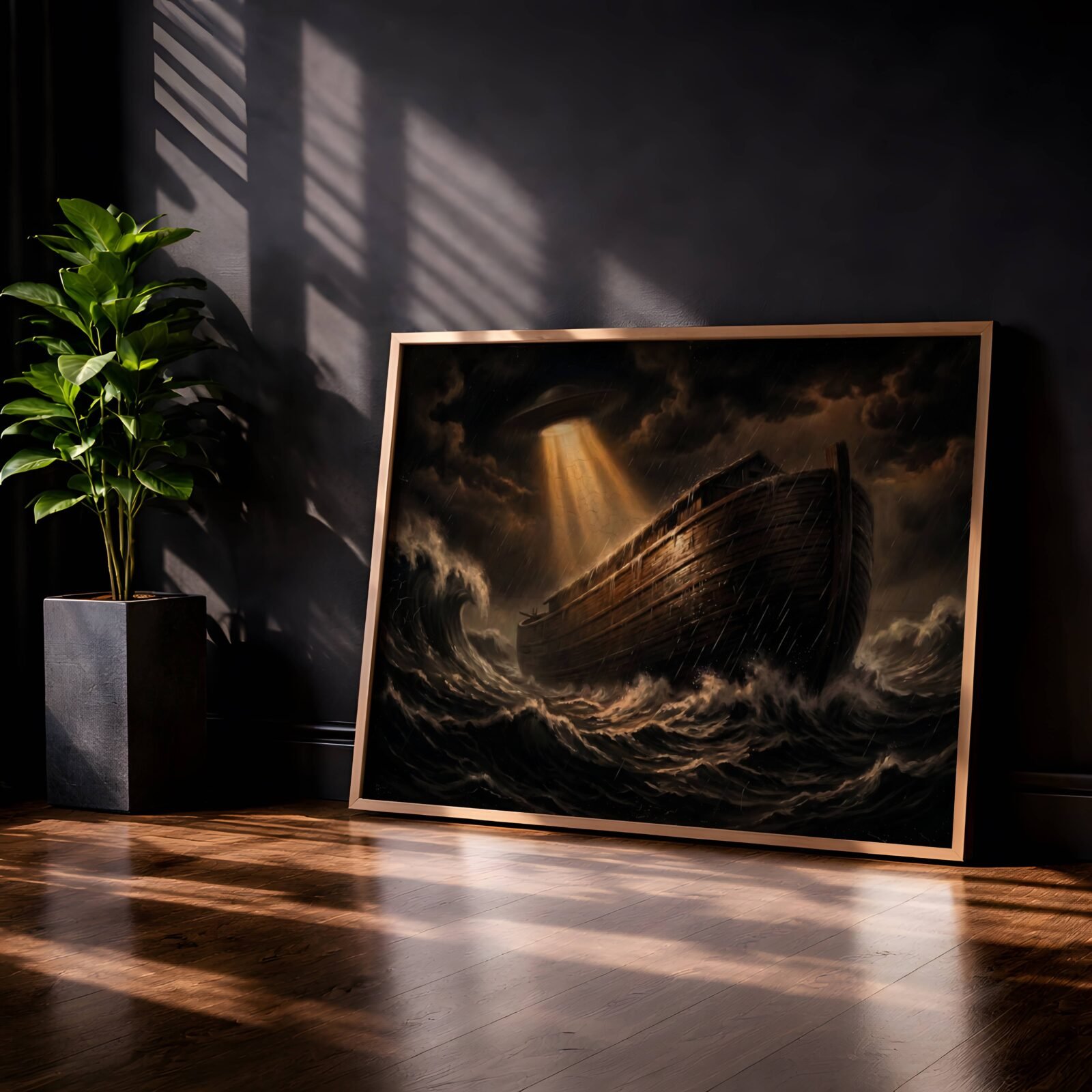 Haunting dark oil-style painting of Noah's Ark battling a raging storm on enormous white-capped seas, a UFO breaking through dark storm clouds above with a golden beam of light pouring down onto the ancient wooden vessel – unframed dark religious sci-fi art poster, ufoposter.com Ancient Orders – Dark Sci-Fi Oil Painting Poster Deeply cinematic dark oil-style artwork of a massive wooden ark riding towering biblical waves in a raging storm, a UFO hovering in dark churning clouds above and casting a golden beam of light onto the rain-lashed ancient hull – unframed dark sci-fi religious wall poster, ufoposter.com The Source – Dark Biblical UFO Wall Art Poster Powerfully atmospheric dark oil-style painting of Noah's Ark in a raging biblical storm, enormous crashing waves surrounding the ancient wooden vessel as a UFO cuts through dark clouds above and pours golden light down onto the hull below – unframed dark alien biblical art poster, ufoposter.com Divine Instructions – Dark Sci-Fi Religious Poster Breathtakingly dramatic dark oil-style artwork of a massive ancient ark battling enormous white-capped waves in a raging biblical storm, a UFO hovering above in churning dark clouds with a golden beam of light illuminating the rain-soaked wooden hull — a deeply thought-provoking dark religious sci-fi wall art print – unframed dark biblical UFO wall poster, ufoposter.com Forty Days – Dark UFO Biblical Art Wall Poster Deeply haunting dark oil-style painting of Noah's Ark riding towering biblical waves in a raging storm under dark churning clouds, a UFO hovering above with a golden beam of light pouring down onto the ancient rain-lashed timber hull in a powerfully atmospheric dark sci-fi reimagining of the great flood – unframed dark religious alien wall poster, ufoposter.com Tagi dark wall art, Noah's Ark poster, biblical art print, UFO wall art, dark sci-fi art, religious satire print, dark oil painting art, alien art print, dark living room poster, thought-provoking wall art