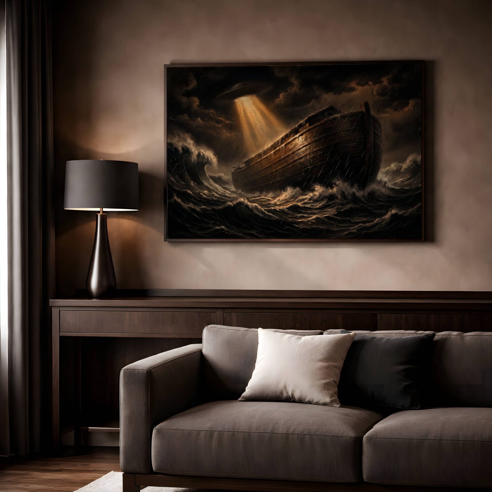 Dramatic dark oil-style painting of Noah's Ark battling enormous crashing waves in a biblical storm, a UFO hovering above in dark churning clouds and beaming golden light down onto the ancient wooden hull — a hauntingly powerful dark wall art print for living room decor – unframed dark biblical sci-fi poster for living room, ufoposter.com