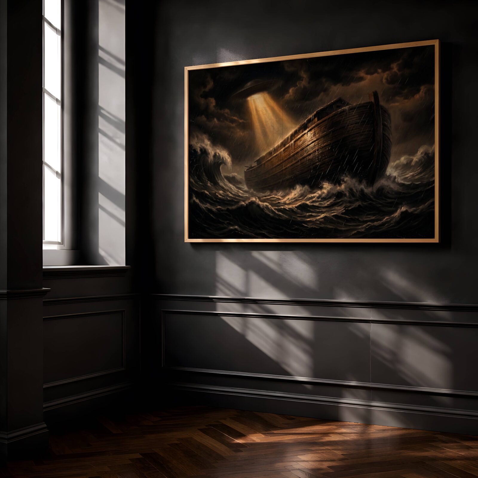 in a raging biblical storm as a UFO hovers above in dark churning clouds, its golden beam of light illuminating the ancient rain-soaked hull below – unframed dark biblical sci-fi wall poster, ufoposter.com