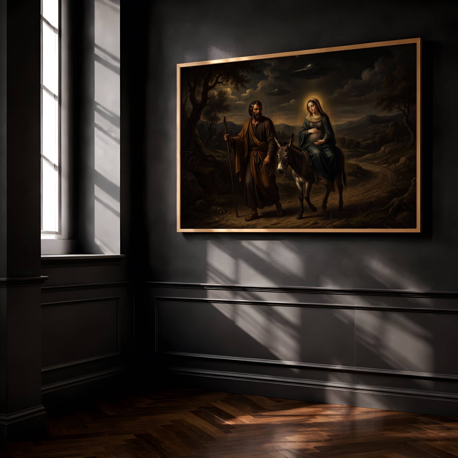 Dramatic dark oil-style painting of Joseph and Mary on a donkey travelling a dark ancient road beneath stormy skies, two UFOs drifting silently through churning clouds above the hills in a masterfully composed dark old master sci-fi reimagining of the Nativity journey – unframed dark biblical sci-fi wall poster, ufoposter.com
